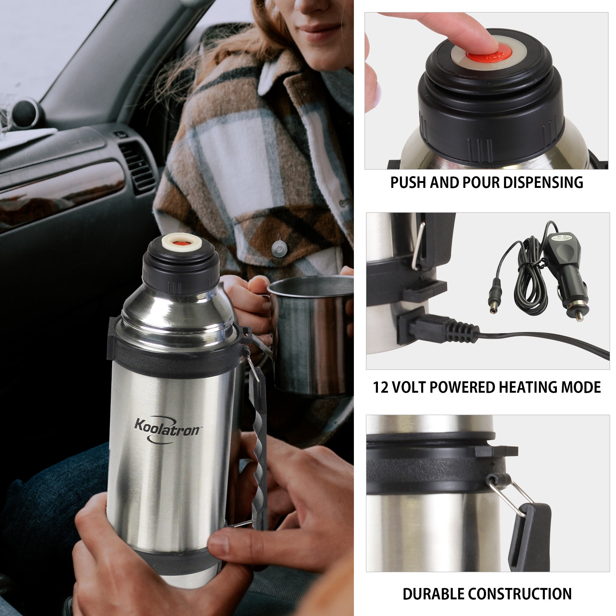 On the left is a lifestyle image of a person with light skin and long brown hair wearing a brown and white plaid coat and holding a stainless steel mug  sitting in the passenger seat of a car. In the foreground, the driver's hands are visible holding the 12V travel flask. Three closeup images on the right show features of the thermos bottle, labeled: 1. Push and pour dispensing; 2. 12 volt powered heating mode; 3. Durable construction.
