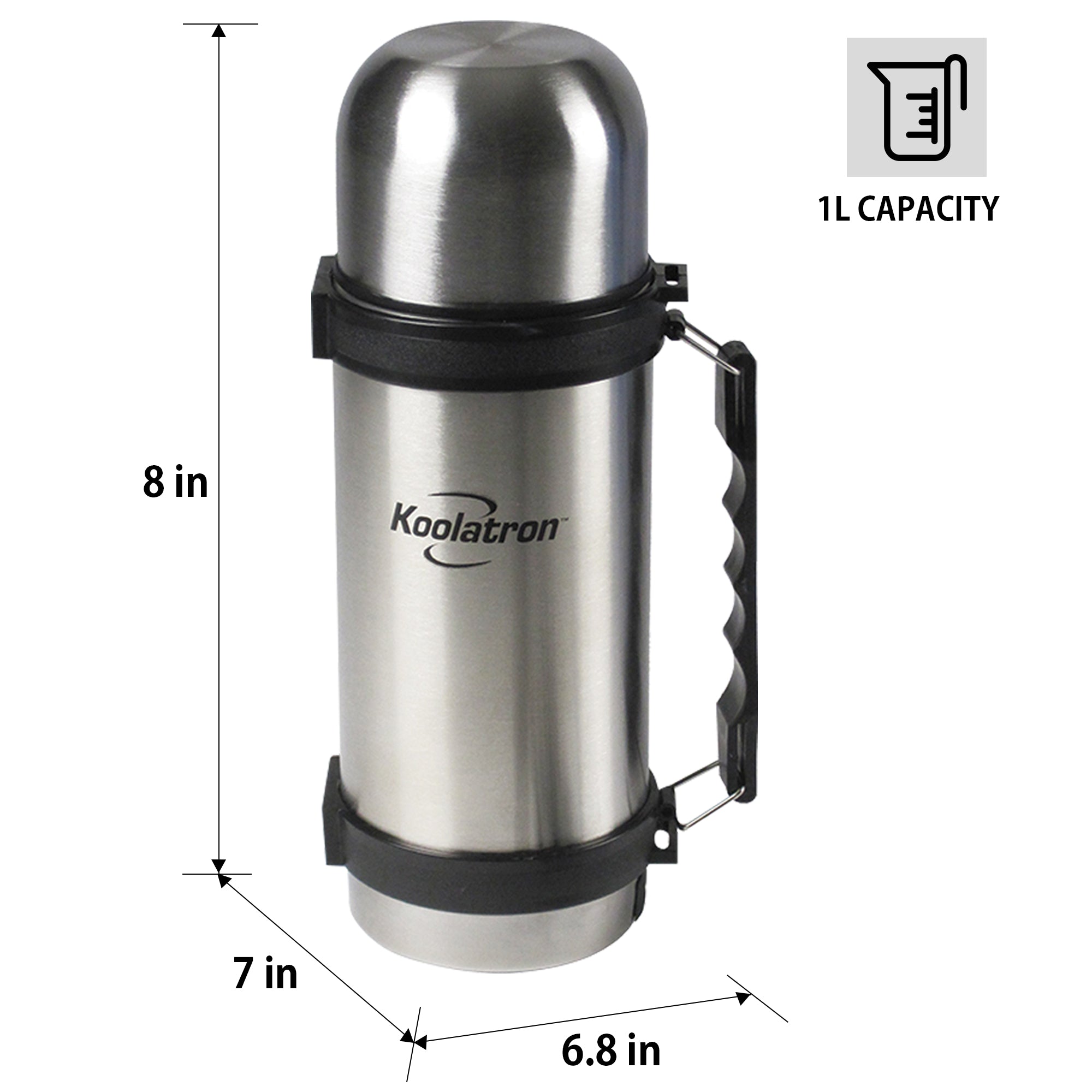 Product shot on a white background of the 1L insulated vacuum flask with dimensions and capacity labeled
