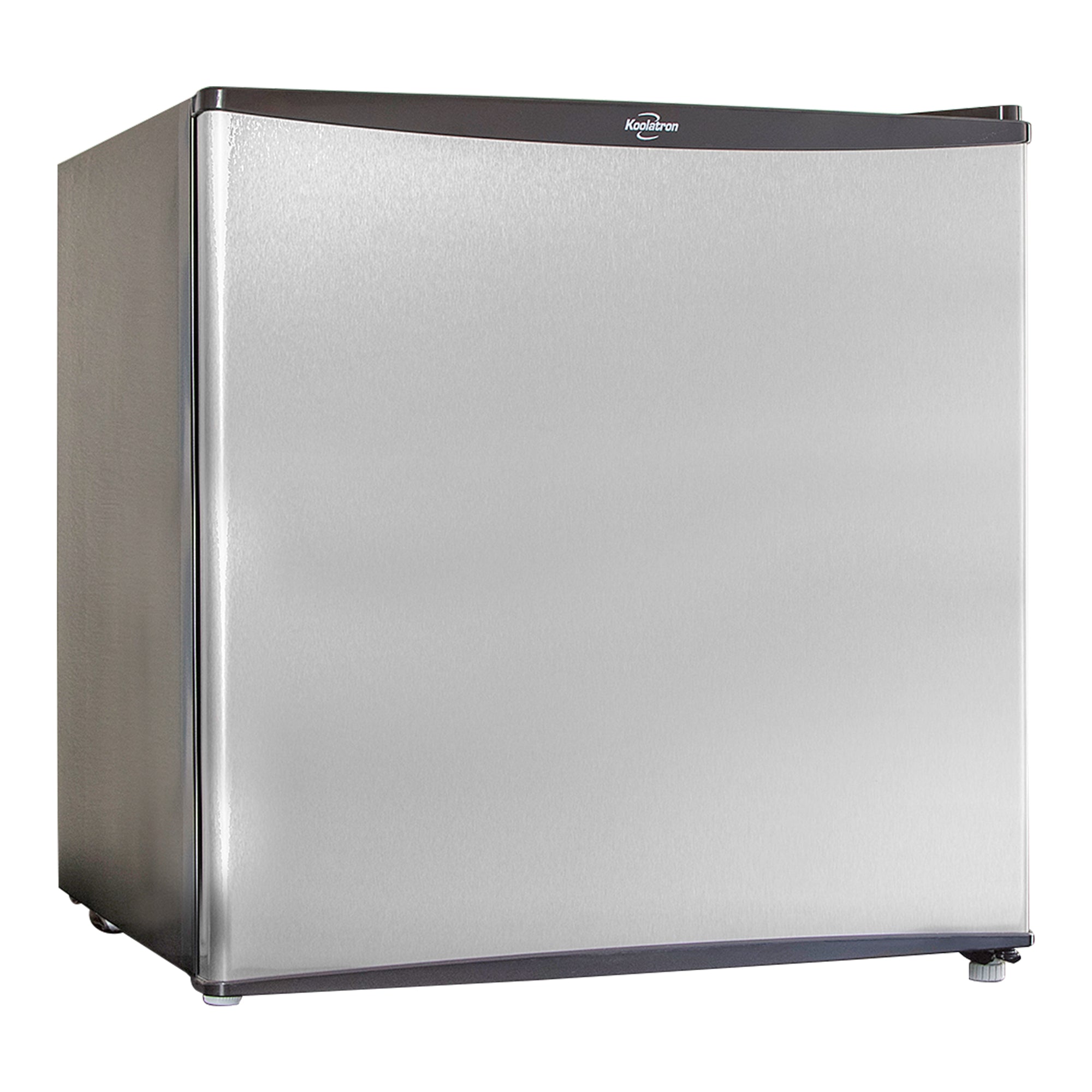 Black and stainless steel compact fridge with freezer on a white background