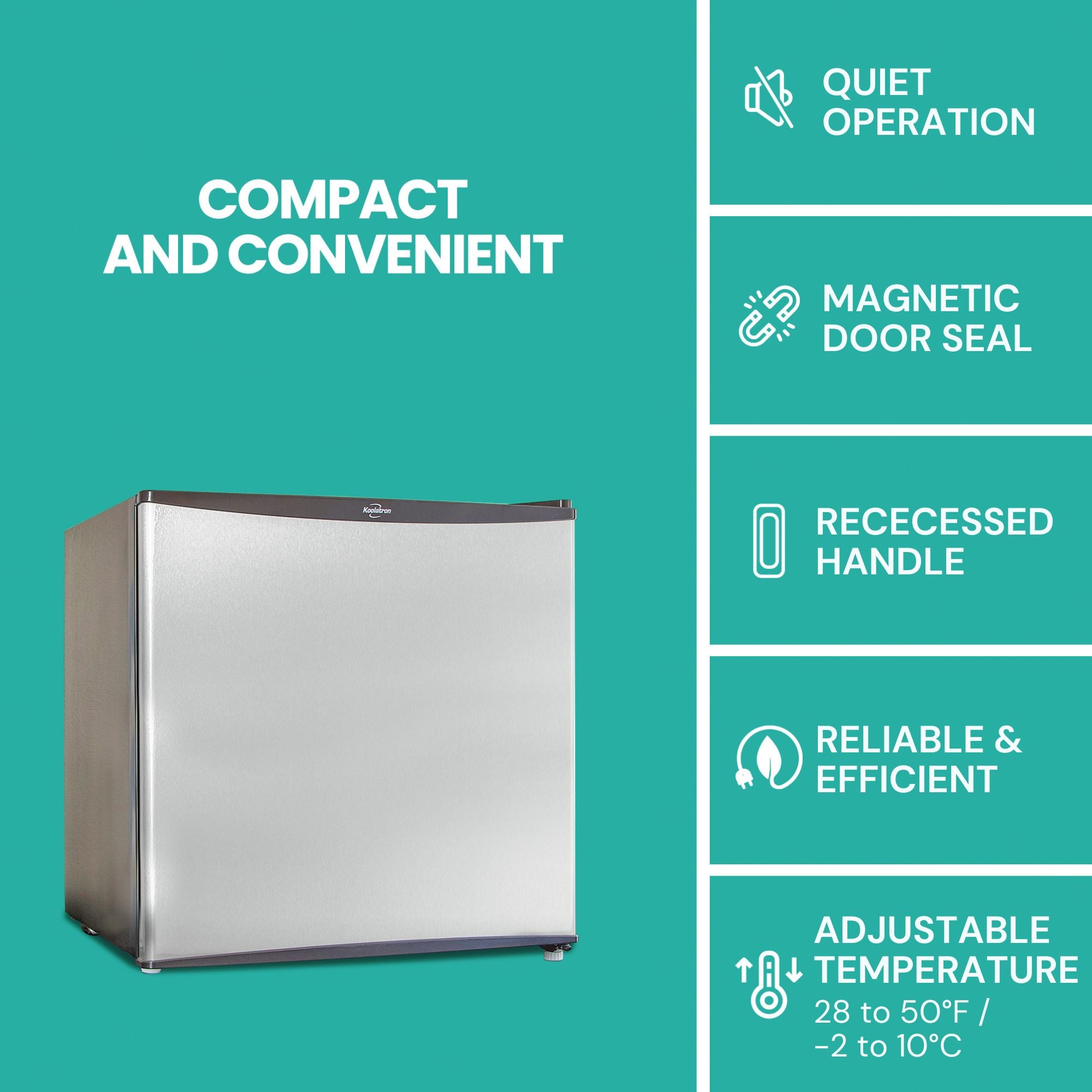 Compact fridge with freezer on an aqua background with text above reading, "Compact and convenient." Icons and text to the right describe features: Quiet operation; magnetic door seal; recessed handle; reliable and efficient; adjustable temperature 28 to 50°F / -2 to 10°C