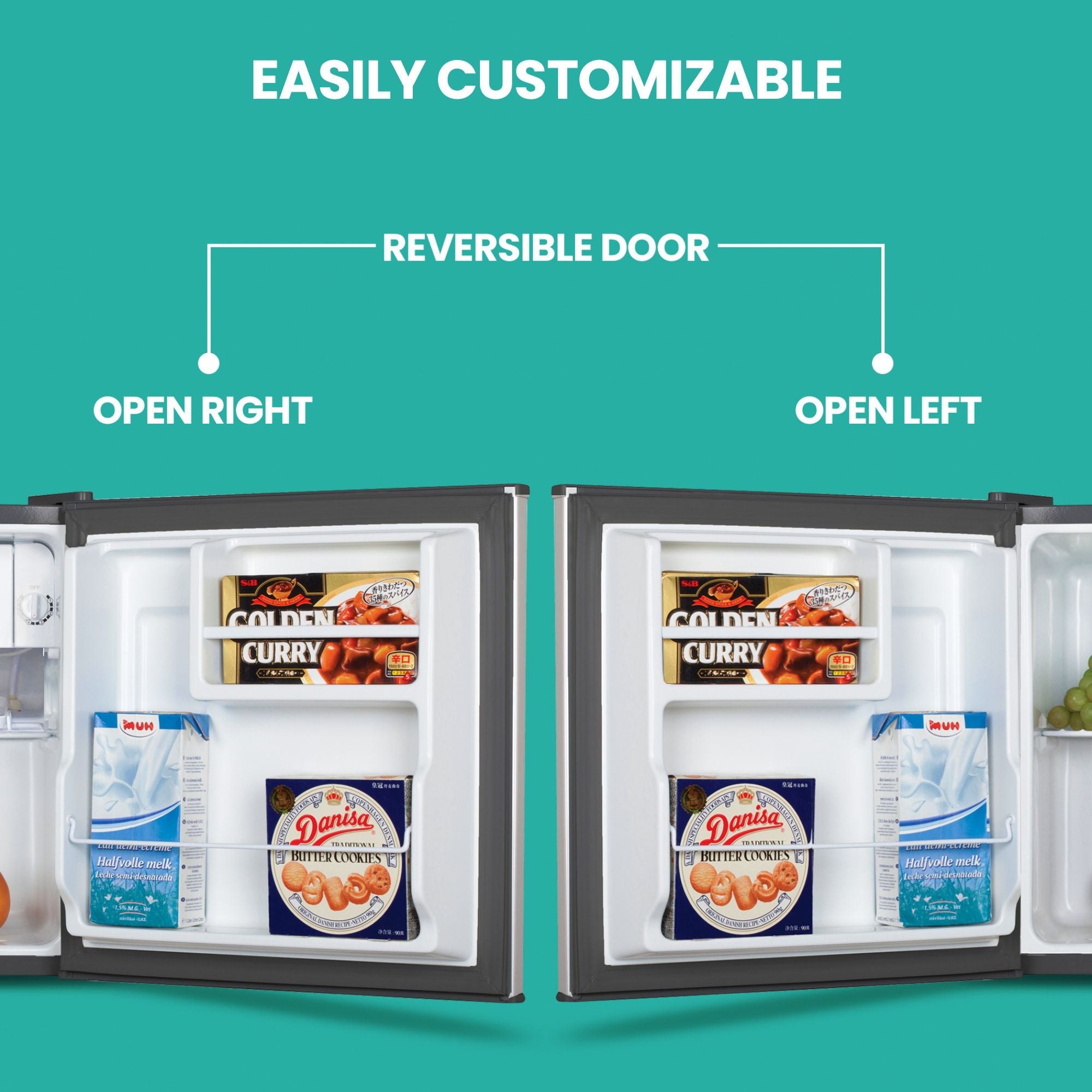 Two closeup views of compact fridge, open with food and beverages inside, with door installed to open left or right. Text above reads, "Easily customizable" and text below that reads, "Reversible: Open right/open left"
