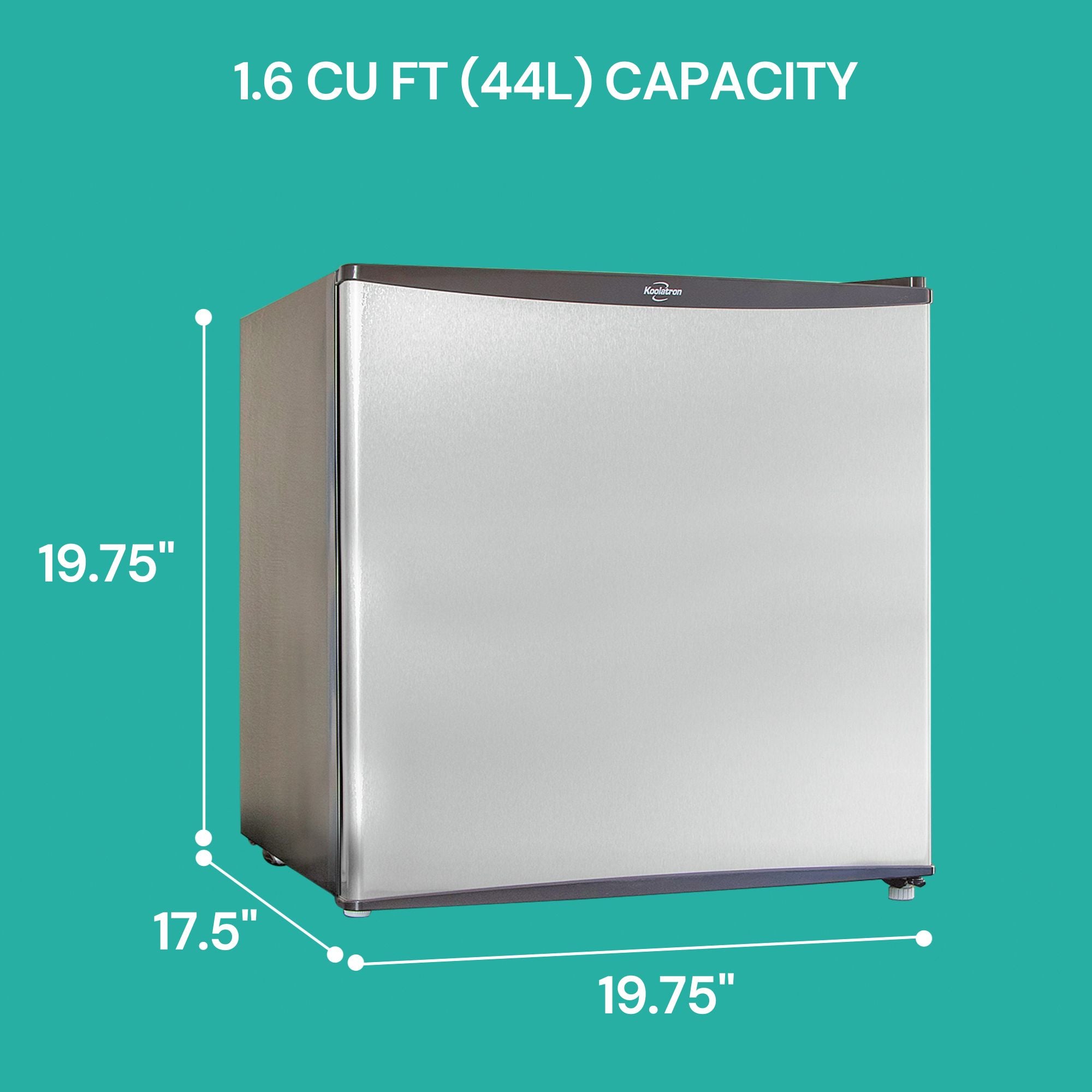 Black and stainless steel compact fridge with freezer on an aqua background with dimensions labeled and text above reading, "1.6 cu ft (44L) Capacity"