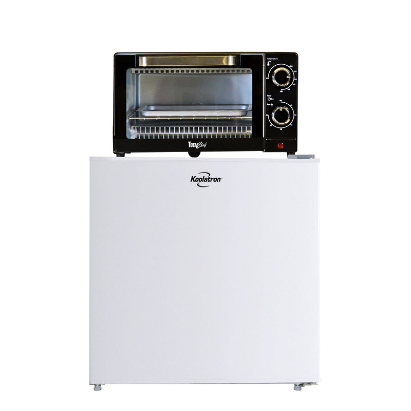 Koolatron 1.7 Cu Ft Compact Fridge + 4 Slice Toaster Oven: White Flat Back Countertop Fridge/Freezer + 1000 W Convection Oven