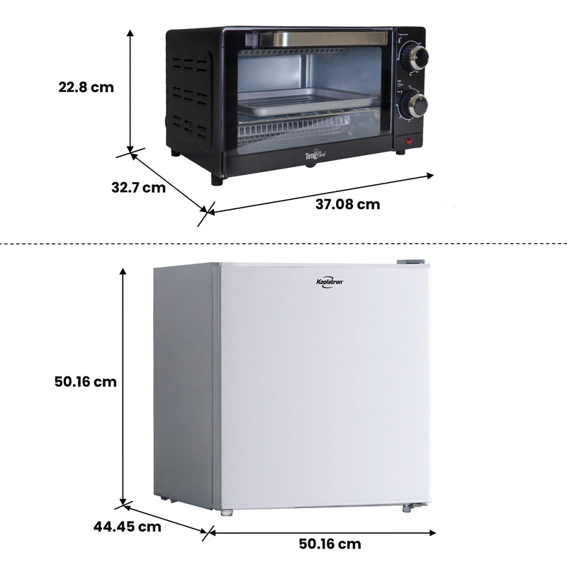 Koolatron 1.7 Cu Ft Compact Fridge + 4 Slice Toaster Oven: White Flat Back Countertop Fridge/Freezer + 1000 W Convection Oven