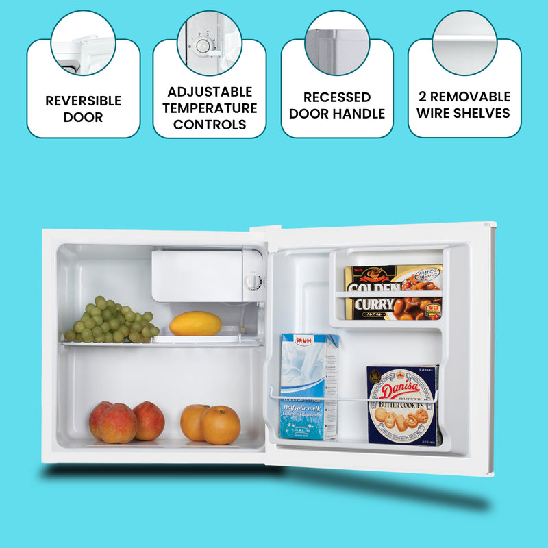Fridge, open and filled with food products, on a turquoise background, with closeup images above showing features, labeled: Reversible door; adjustable temperature controls; recessed door handle; 2 removable wire shelves.