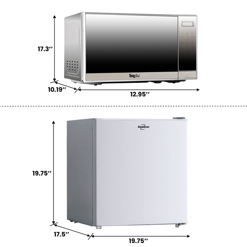 Microwave and fridge on a white background with dimensions listed