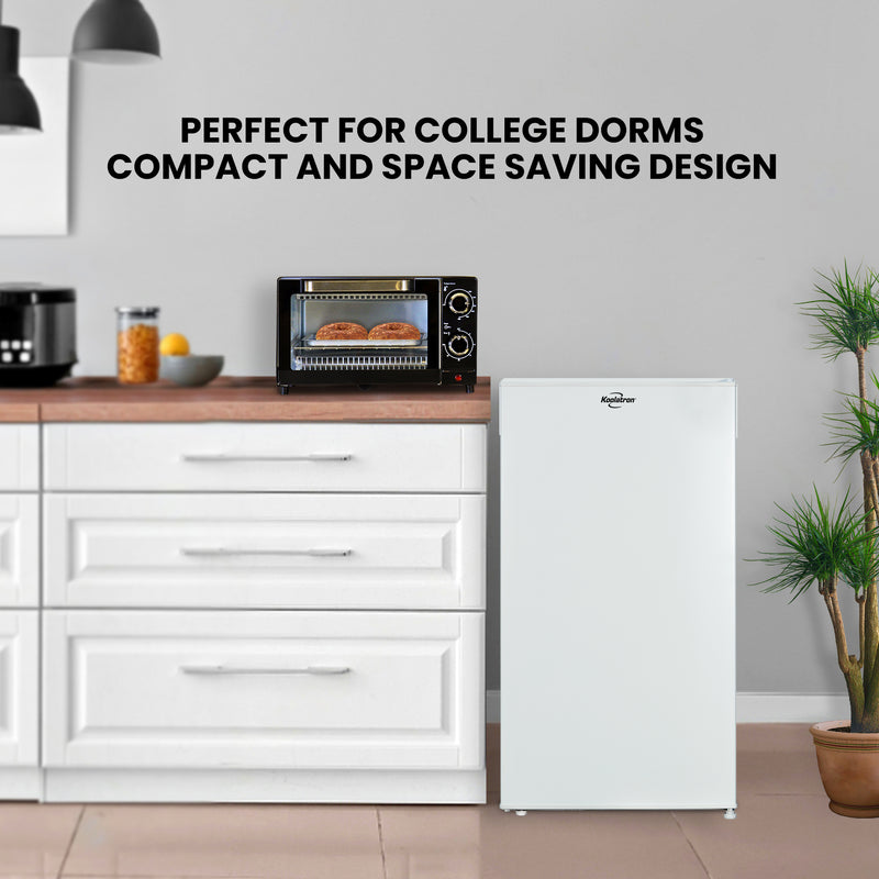 Koolatron 3.1 Cu Ft Compact Fridge + 4 Slice Toaster Oven: White Flat Back Countertop Fridge/Freezer + 1000 W Convection Oven