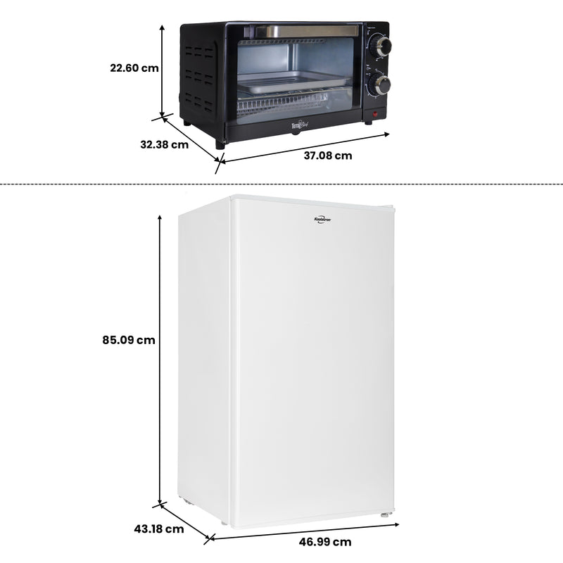 Koolatron 3.1 Cu Ft Compact Fridge + 4 Slice Toaster Oven: White Flat Back Countertop Fridge/Freezer + 1000 W Convection Oven