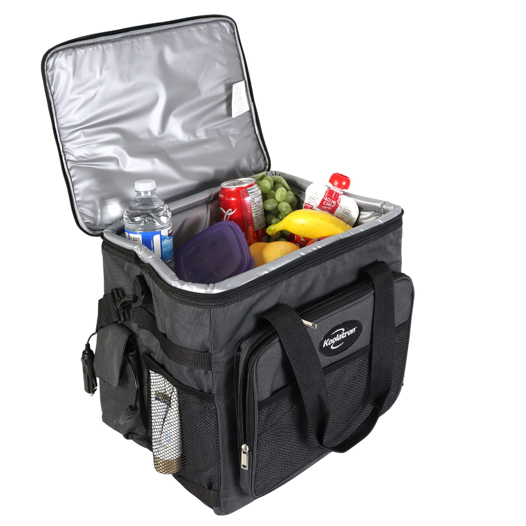 Koolatron 12V travel cooler, open with food and drinks inside, on a white background