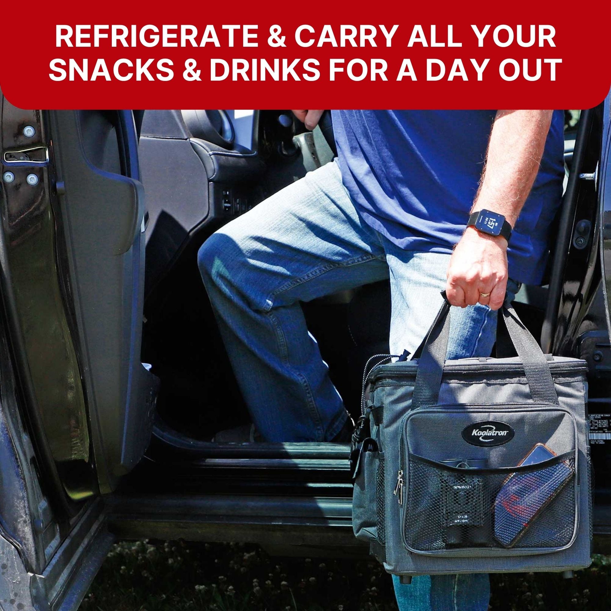 A person holding the Koolatron 12V cooler bag by the handles stepping into a pickup truck. Text above reads, "REFRIGERATE AND CARRY ALL YOUR SNACKS AND DRINKS FOR A DAY OUT"