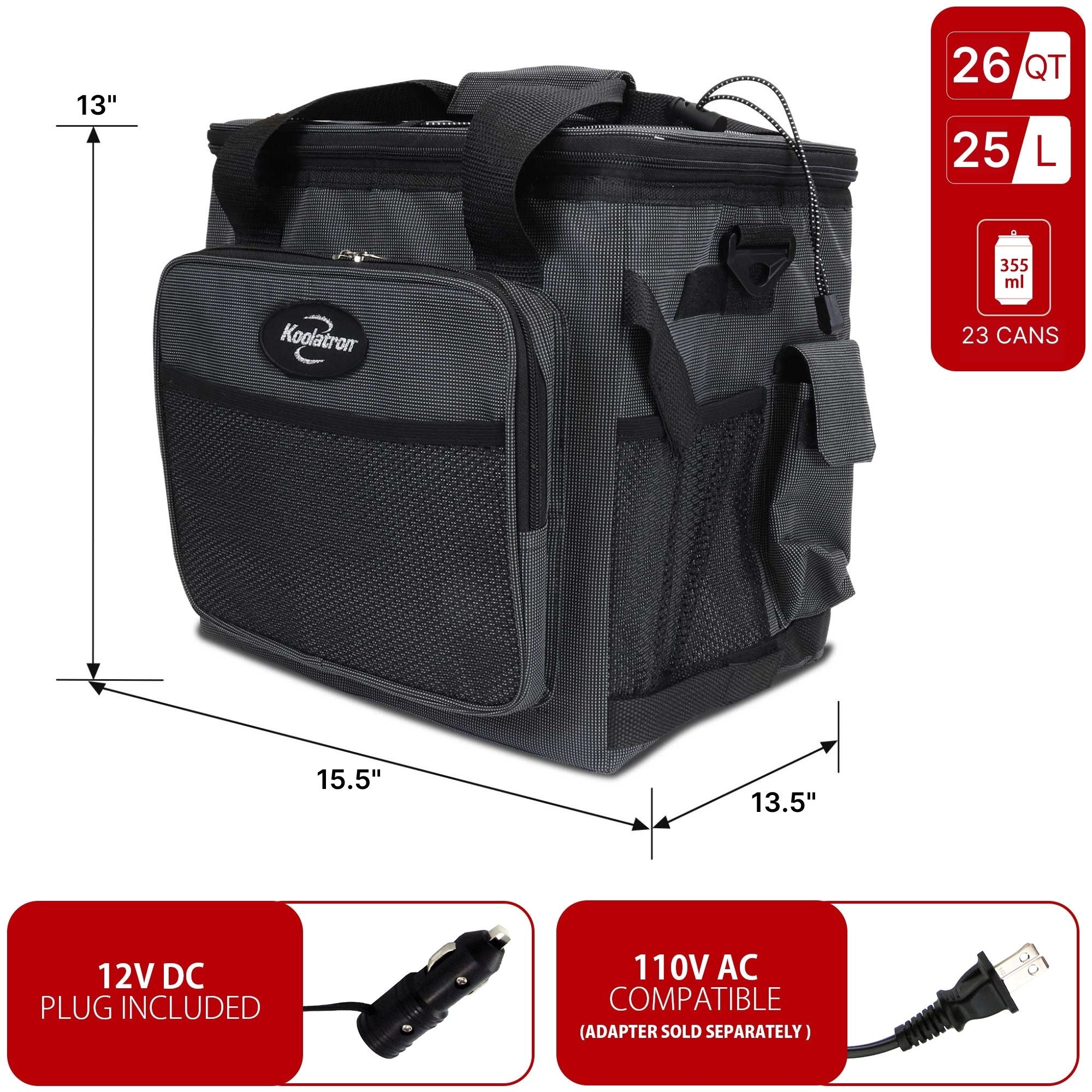 Koolatron 12V travel fridge, closed on a white background with dimensions and capacity labeled. Two inset images below show power adapters with text reading "12V DC plug included; AC compatible (adapter sold separately)"