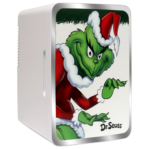 Dr. Seuss Grinch 6L Mini Fridge, 8-Can Portable Cooler w/ 12 Volt and 110 Volt Cords, Personal Treat Refrigerator for Home, Travel, Hotel, Dorm, Office