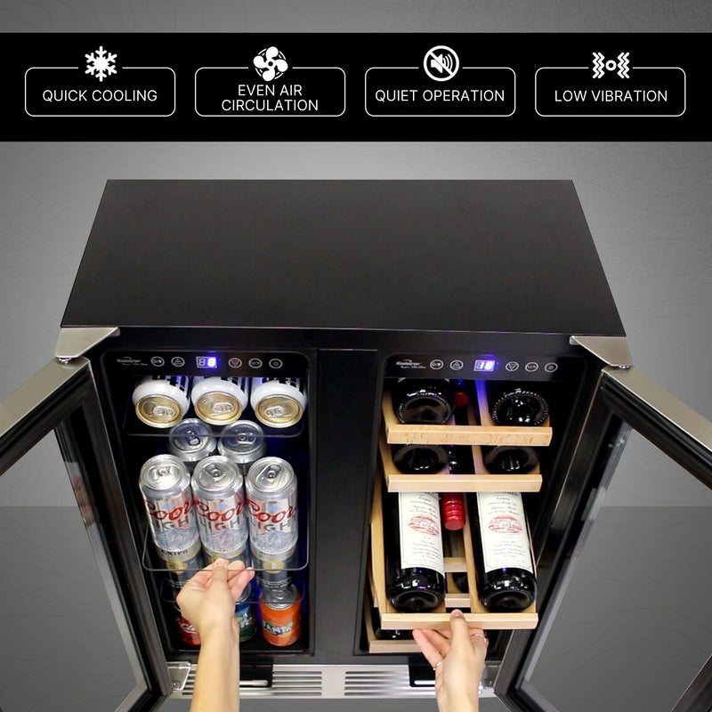 Koolatron double-door drinks fridge viewed from above on a gray background with a person's hands pulling out a tempered glass shelf holding tall cans of beer on the left and a wooden rack holding three bottles of wine on the right. Text and icons above describe features: Quick cooling; Even air circulation; quiet operation; low vibration
