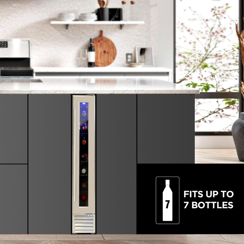 Koolatron 7 bottle front-venting compressor wine cooler installed in a dark gray kitchen island. Text overlay reads, "Fits up to 7 bottles"