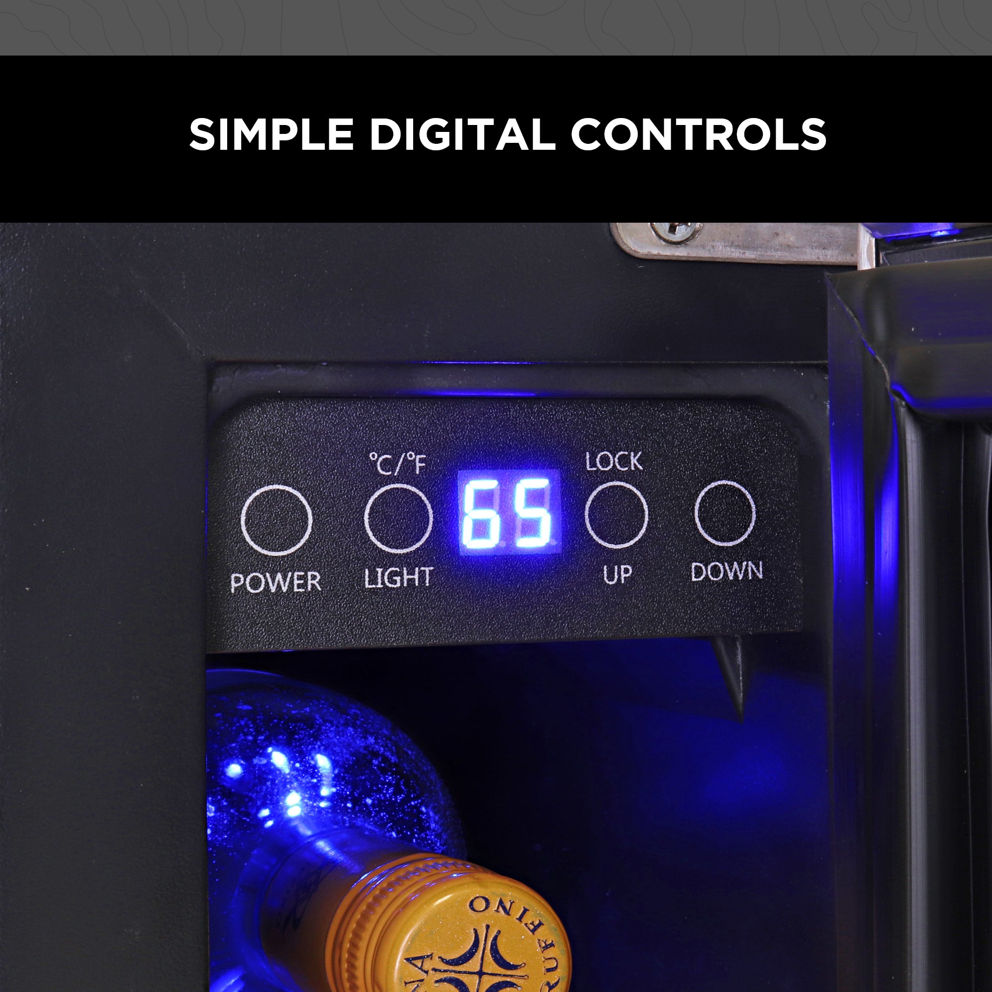 Closeup image of the control panel with a bottle of wine visible below. The LED display reads, “65” and a text overlay reads, “Simple digital controls”