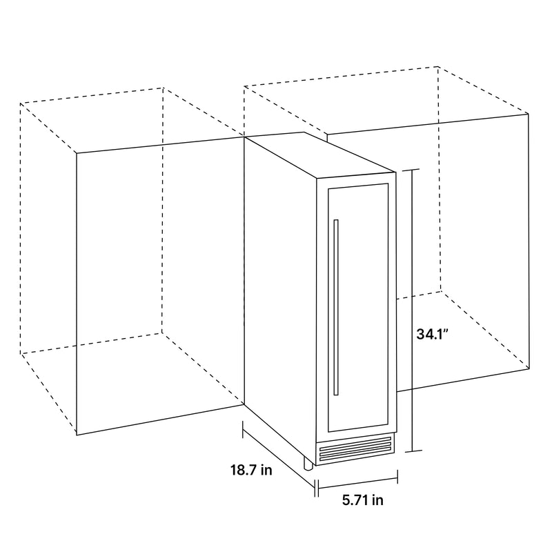 Diagram showing measurements and installation of 6-inch wine cooler in lower kitchen cabinet