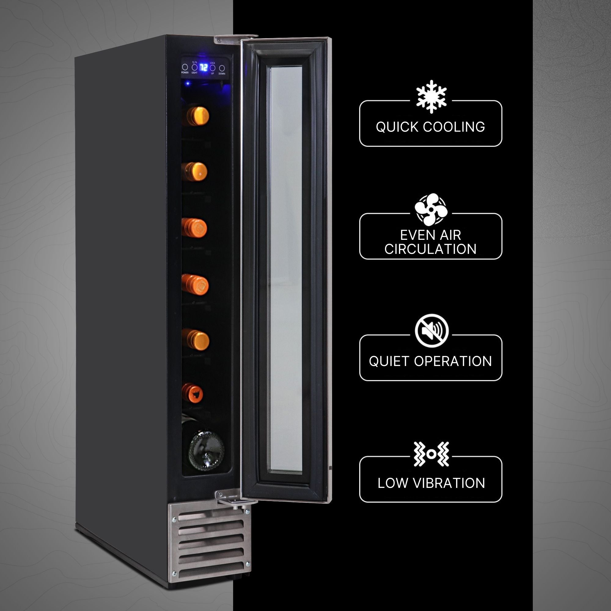 Koolatron 7 bottle single zone wine cooler, open and filled with bottles of wine, on a gray background. Text and icons to the right describe features: Even air circulation; quick cooling; quiet operation; low vibration
