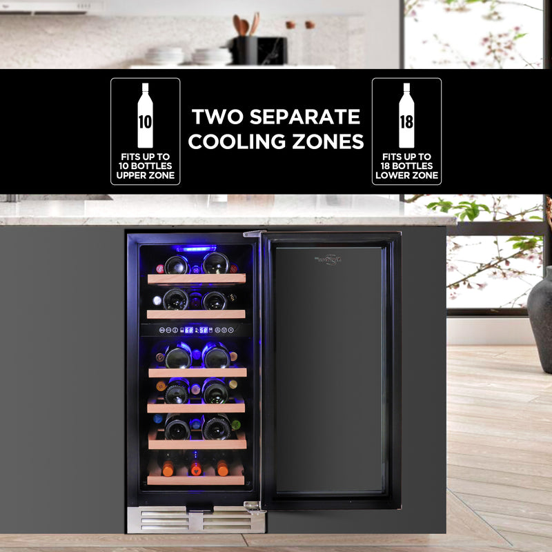 Koolatron 28 bottle compressor wine cooler, open and filled with bottles of wine, installed in a dark gray kitchen island. Text overlay reads, "Two separate cooling zones: Fits up to 10 bottles upper zone; fits up to 18 bottles lower zone"