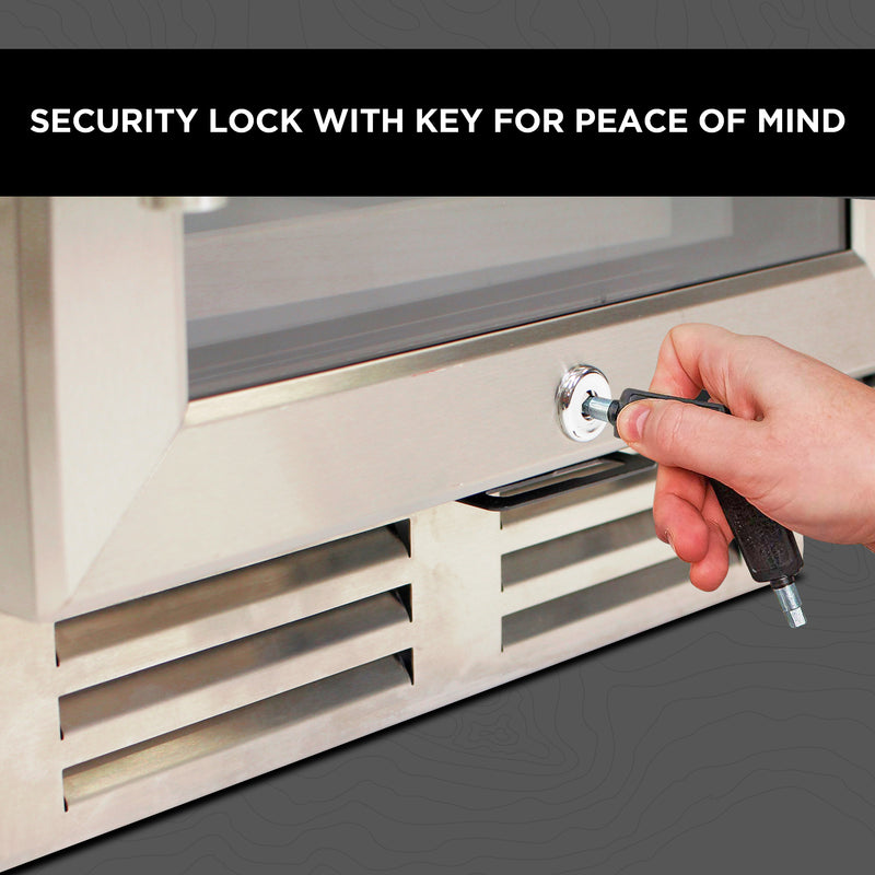 Closeup image of the bottom portion of the wine fridge on a gray background with a person's hand using a key to unlock the door. Text overlay reads, "Security lock with key for peace of mind"