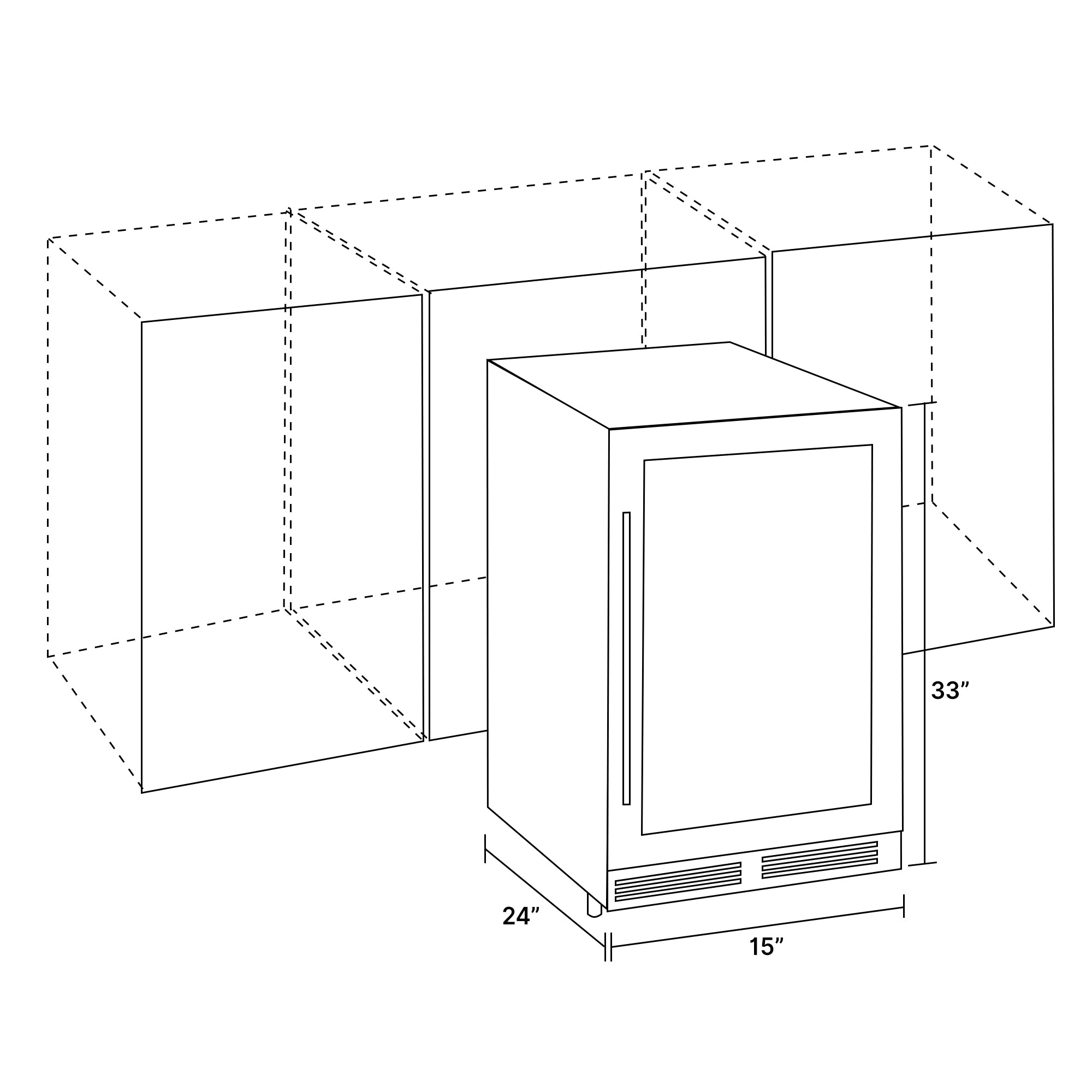 Diagram showing measurements and installation of 15-inch wine cooler in lower kitchen cabinet