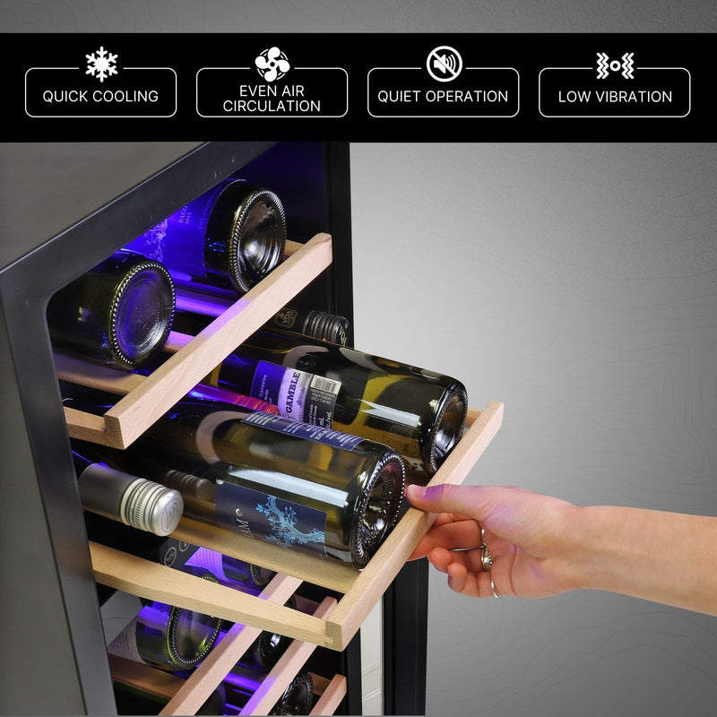 Closeup image of the 15-inch under-counter built-in wine fridge on a gray background with a person's hand pulling out a wooden rack holding five bottles of wine. Text and icons above describe features: Quick cooling; Even air circulation; quiet operation; low vibration