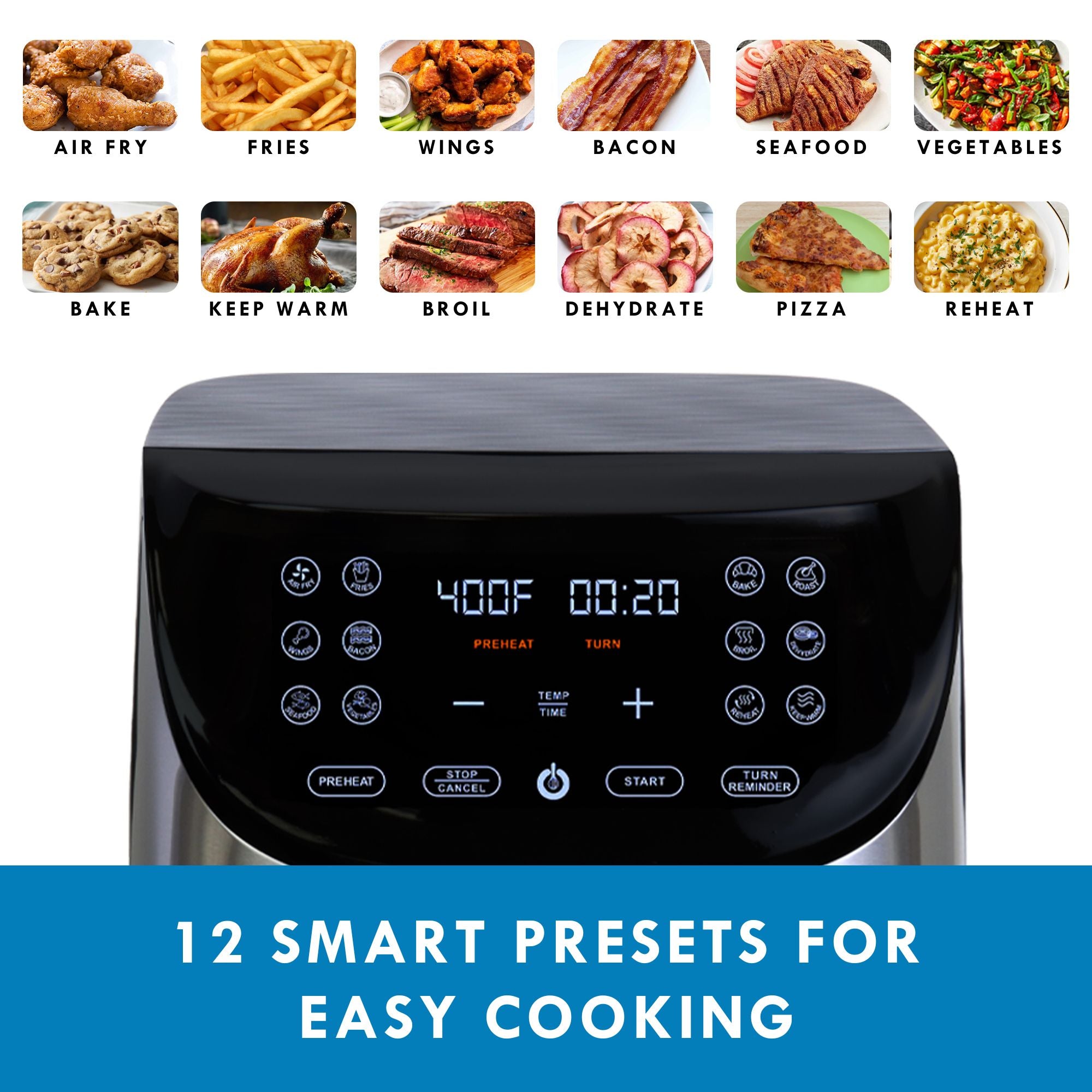 Closeup of the air fryer's digital control panel display screen with small labeled pictures above showing the 12 programs: Airfry, Fries, Wings, Bacon, Seafood, Vegetables, Bake, Keep Warm, Broil, Dehydrate, Pizza, Reheat. Text below reads, "12 smart presets for easy cooking." 