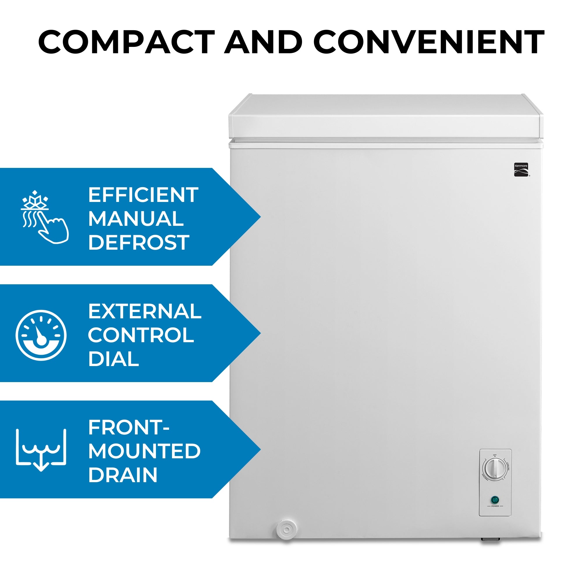 Kenmore chest-style convertible fridge freezer, closed, on a white background with features listed to the right: Manual temp. control; garage ready; Front-mount defrost drain. Text above reads, "Compact and convenient"