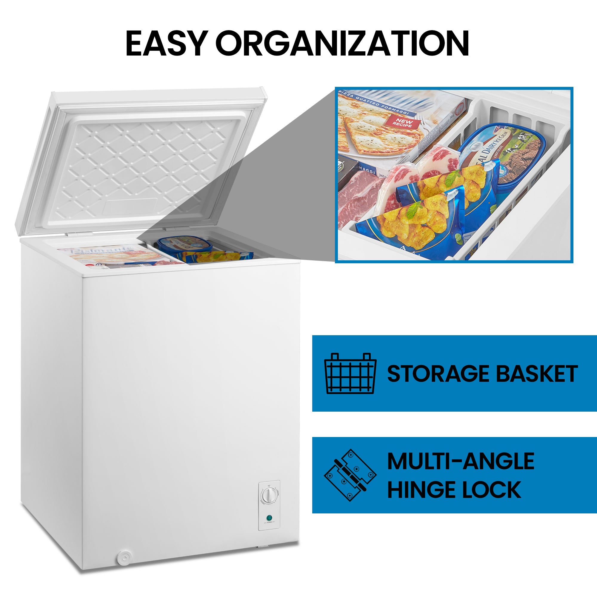 Kenmore convertible deep freeze, open and filled with food items, on a white background with an inset closeup showing the storage basket. Text above reads, "Easy organization," and text below reads, "Removable hanging basket; multi-angle hinge lock"