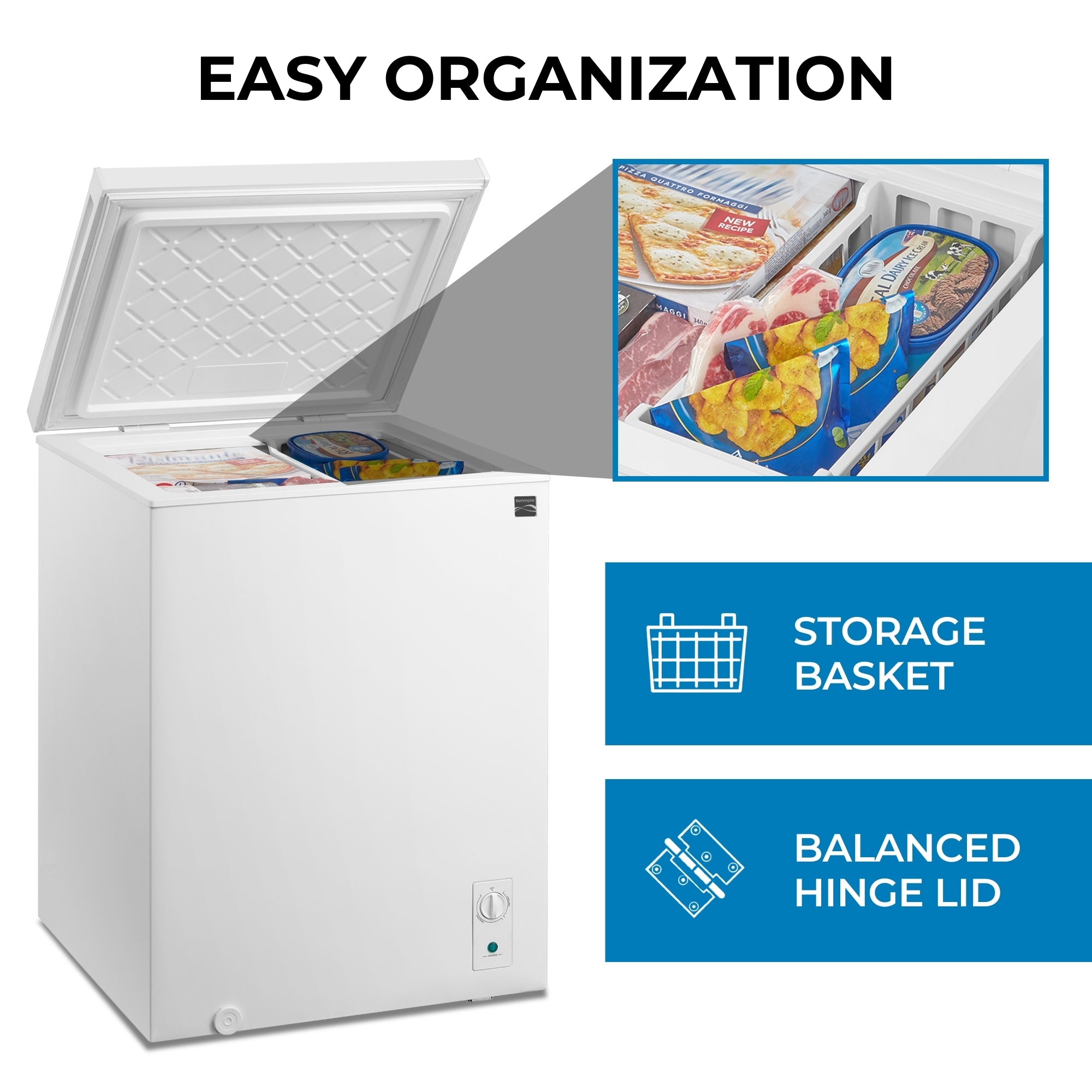 Kenmore convertible deep freeze, open and filled with food items, on a white background with an inset closeup showing the storage basket. Text above reads, "Easy organization," and text below reads, "Removable hanging basket; multi-angle hinge lock"