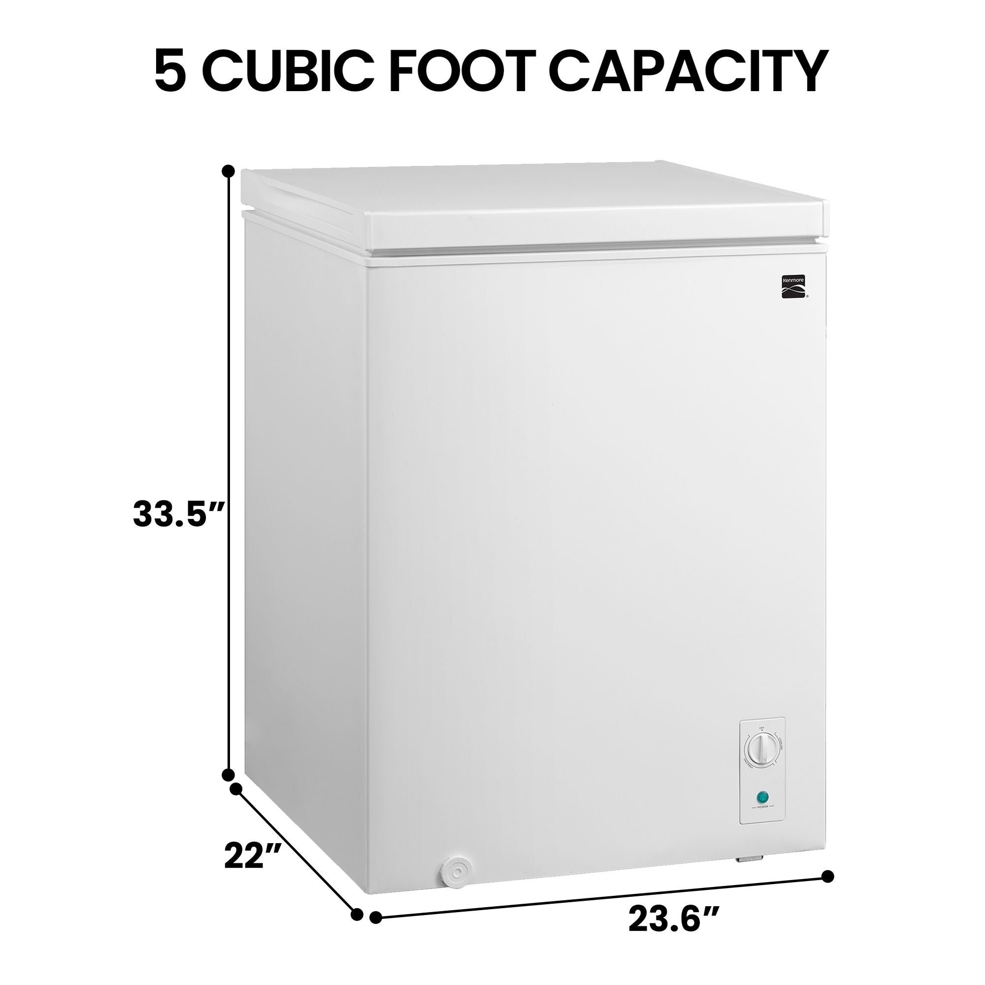 Kenmore convertible chest freezer on a white background with dimensions labeled and text above reading, "5 cubic foot capacity"