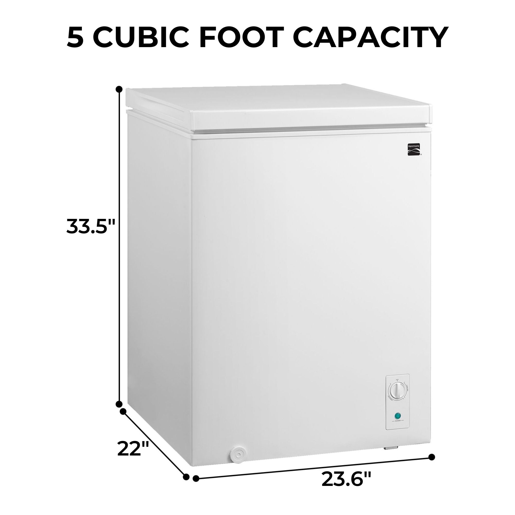 Kenmore convertible chest freezer on a white background with dimensions labeled and text above reading, "5 cubic foot capacity"