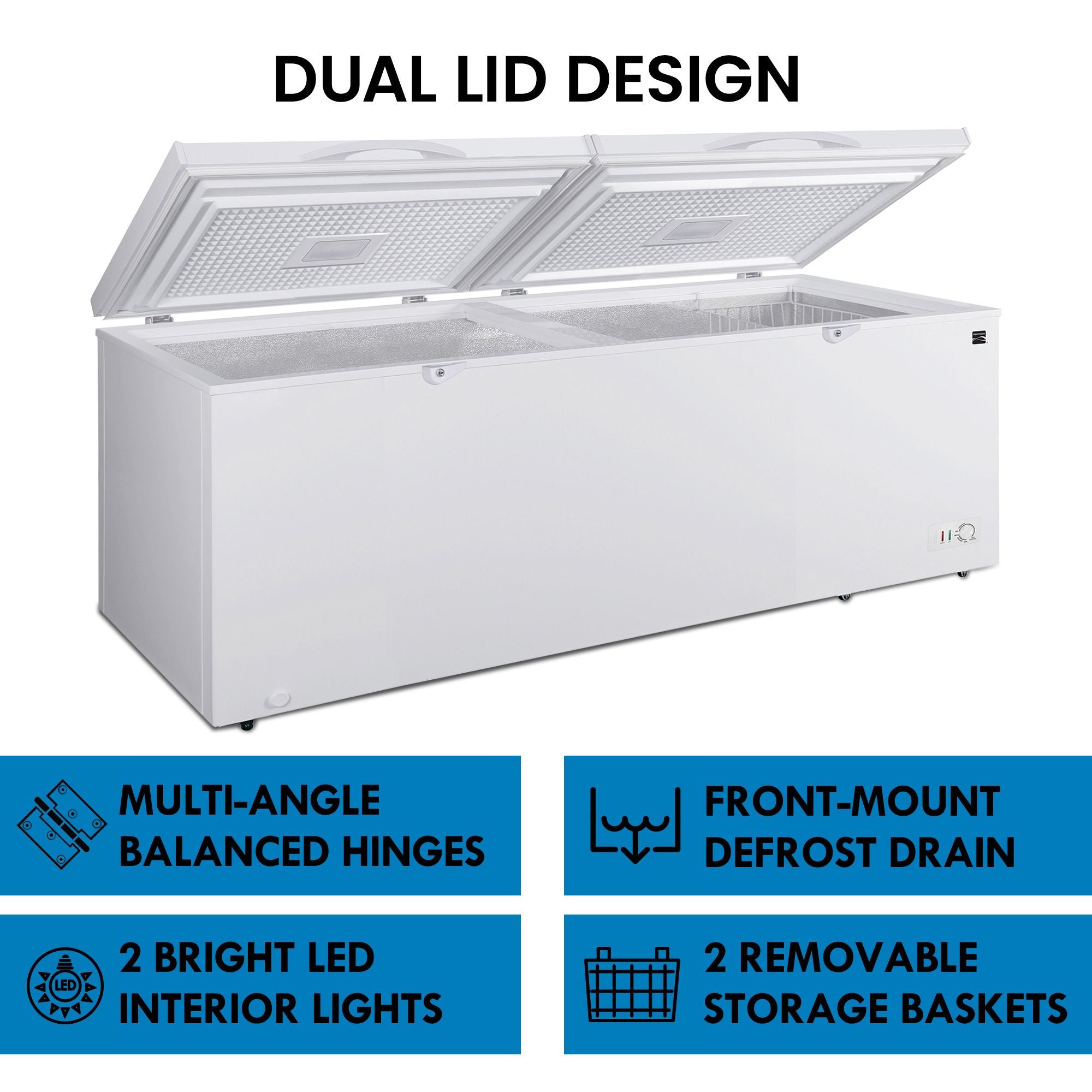 Kenmore convertible deep freeze with the left chamber lid closed and right open, on a white background with features listed below: Multi-angle balanced hinges; front-mount defrost drain; 2 LED interior lights; 2 removable storage baskets. Text above reads, "Dual lid design"