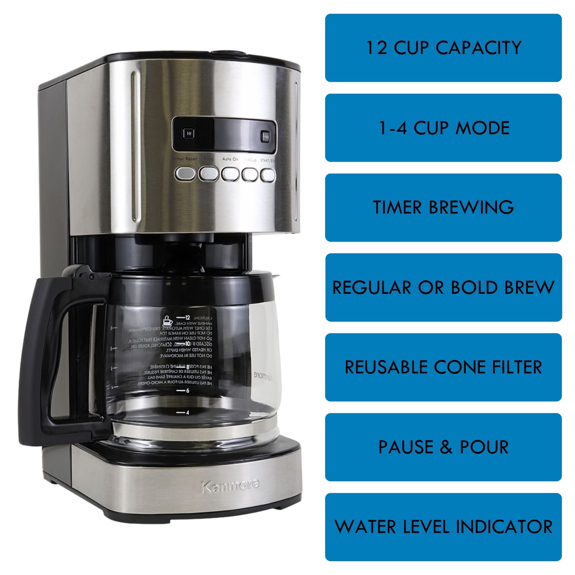 Kenmore 12 cup programmable coffeemaker on a white background on the left with a list of features to the right: 12 cup capacity; 1-4 cup mode; programmable timer; regular or bold brew; reusable cone filter; pause and pour; water level indicator