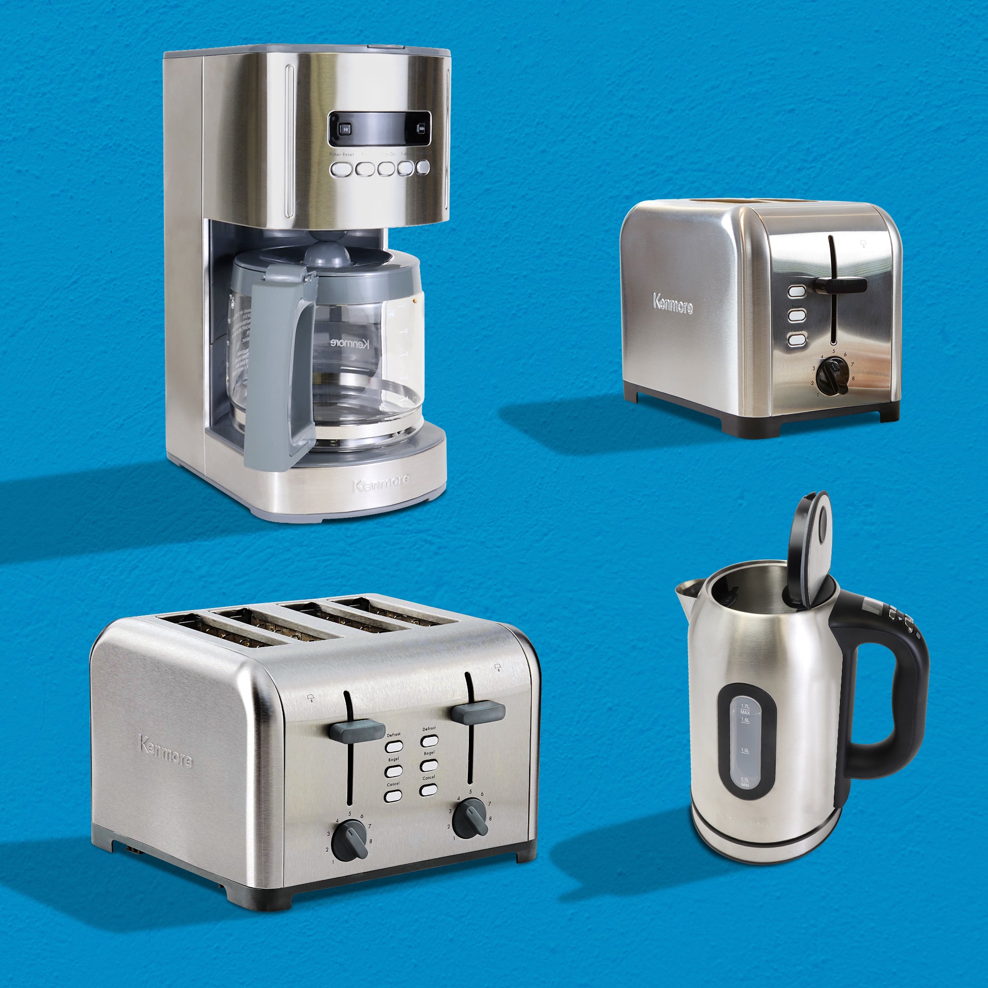 Four matching Kenmore small appliances (12-Cup Programmable Coffee Maker; 2-Slice Toaster; 4-Slice Toaster with Dual Controls; Programmable Cordless Kettle) on a turquoise background