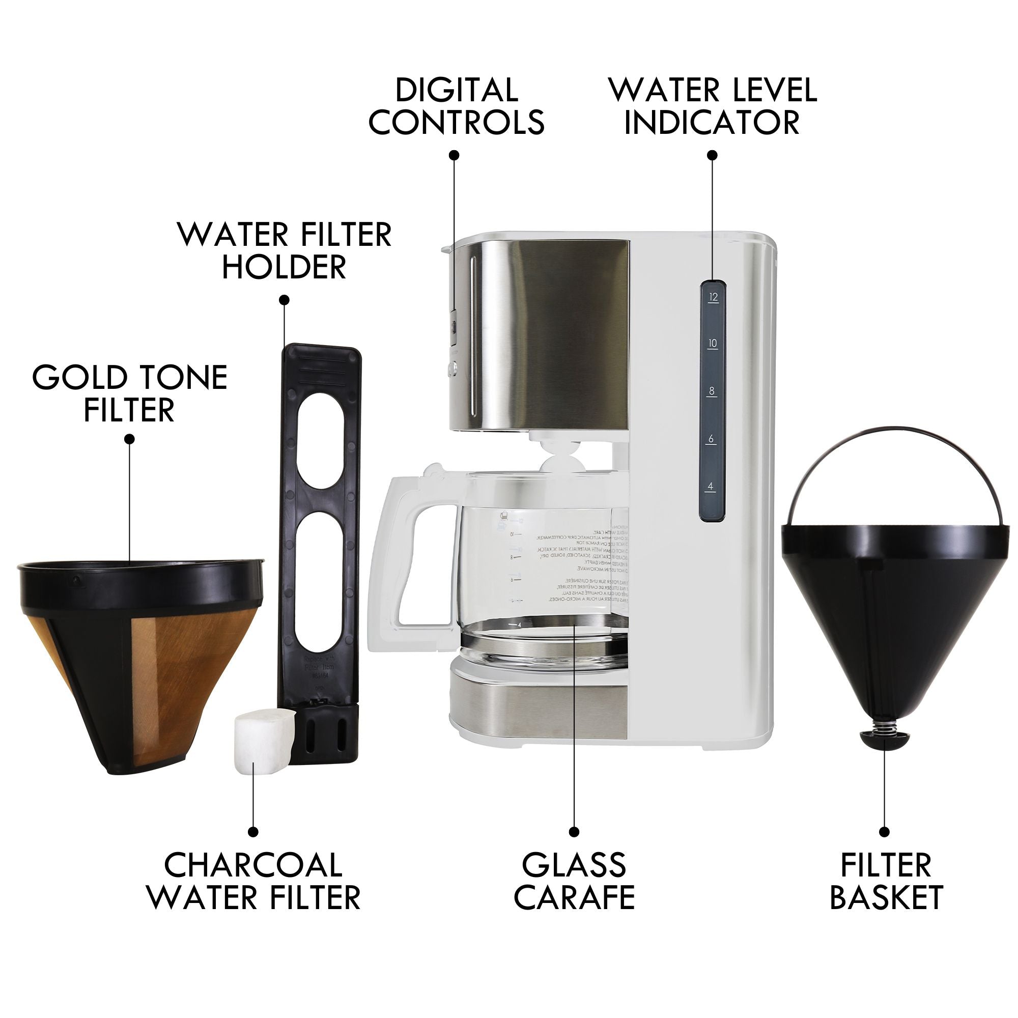 Kenmore 12 cup programmable coffeemaker on a white background with parts and accessories labeled: Water filter holder; digital controls; water level indicator; gold tone filter; charcoal water filter; glass carafe; filter basket