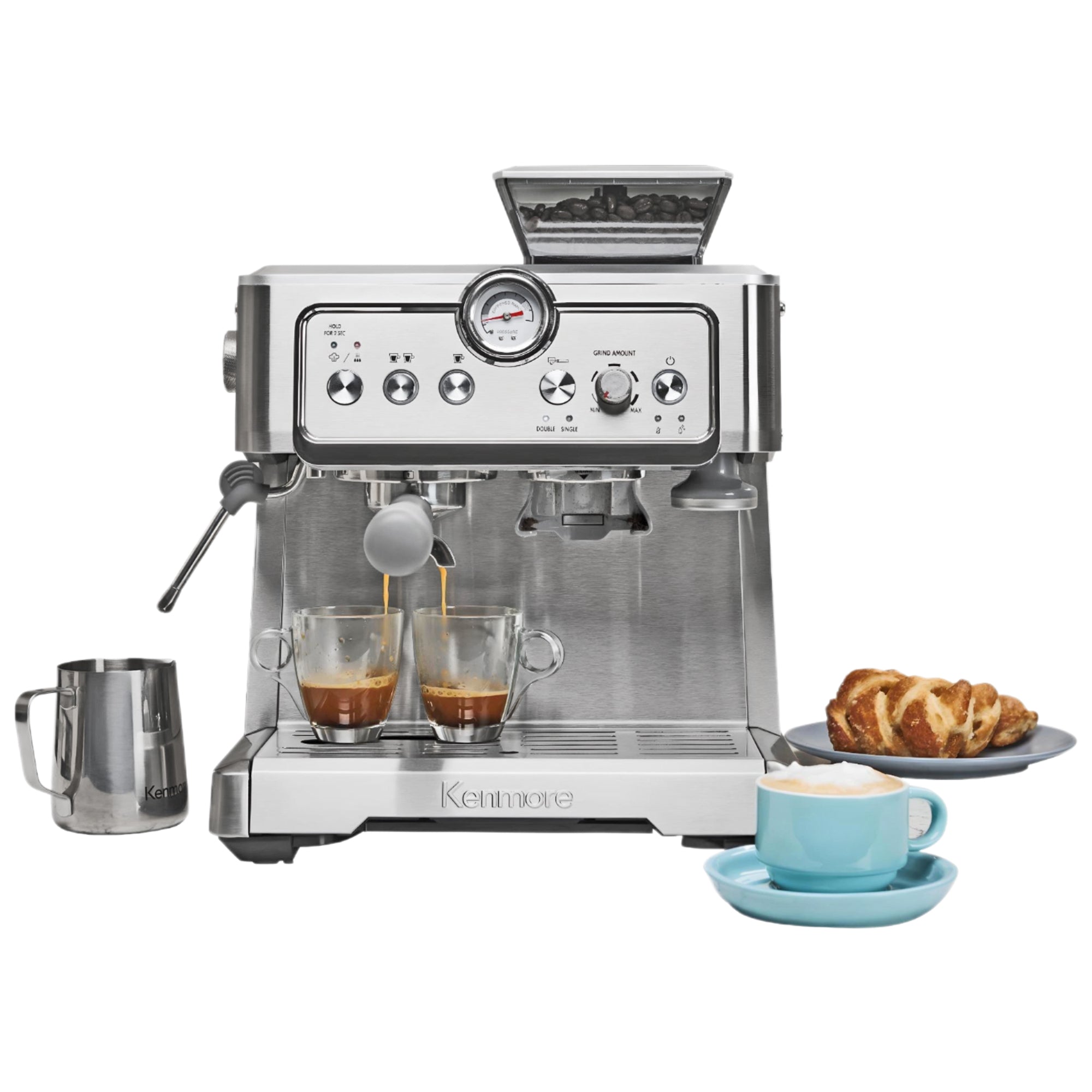 Kenmore semi-automatic espresso machine with stainless steel pitcher on a white background