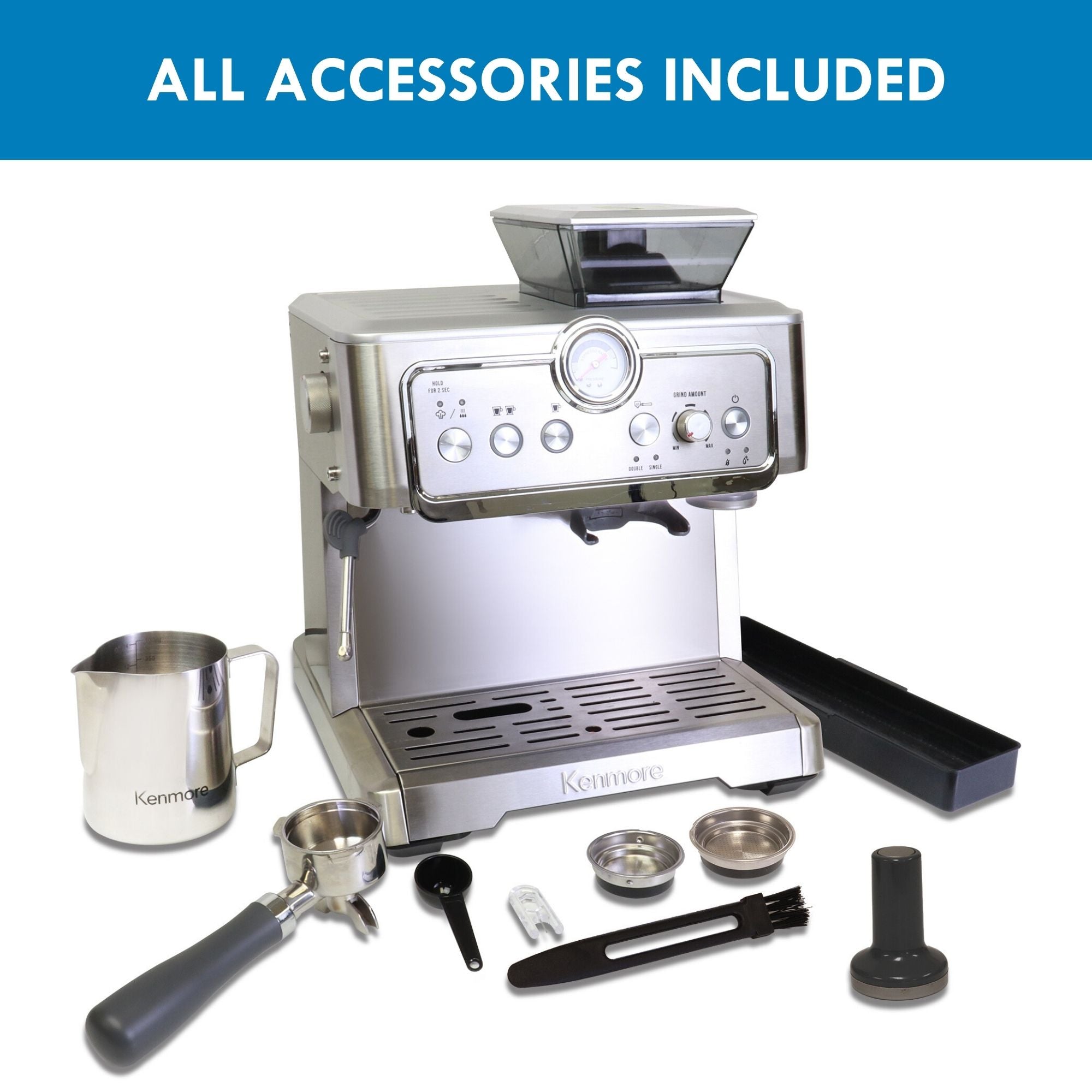Kenmore semi-automatic espresso maker and all included accessories (milk frothing jug, portafilter, coffee scoop, steam nozzle cleaning pin, cleaning brush, 1- and 2-cup double-wall filter baskets, tamper, and accessory tray) on a white background. Text above reads, "All accessories included."