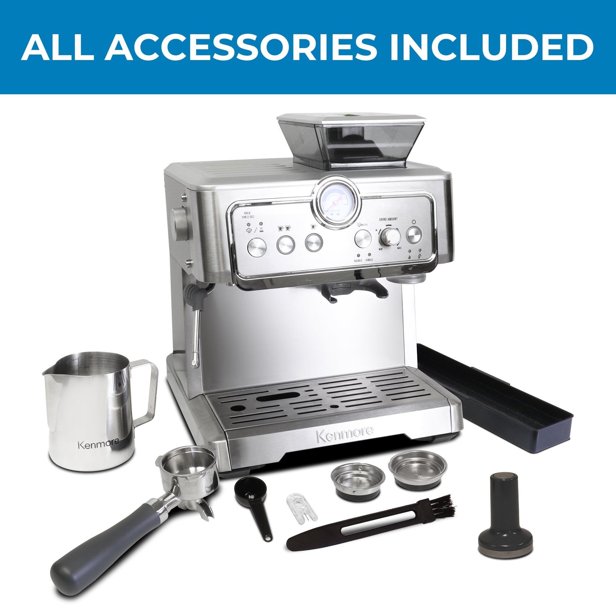 Kenmore semi-automatic espresso maker and all included accessories (milk frothing jug, portafilter, coffee scoop, steam nozzle cleaning pin, cleaning brush, 1- and 2-cup double-wall filter baskets, tamper, and accessory tray) on a white background. Text above reads, "All accessories included."