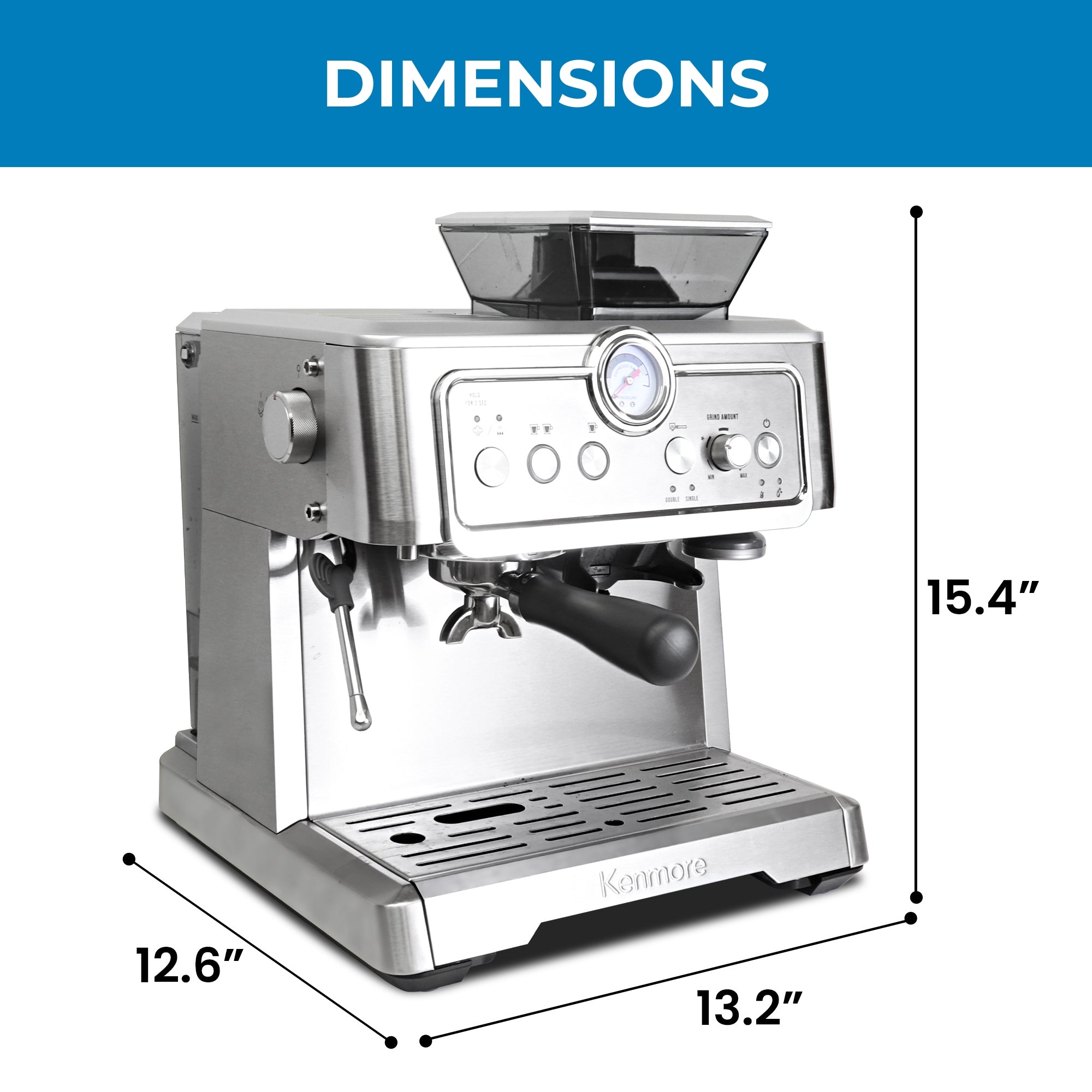 Kenmore semi-automatic espresso machine with built-in grinder on a white background with dimensions labeled