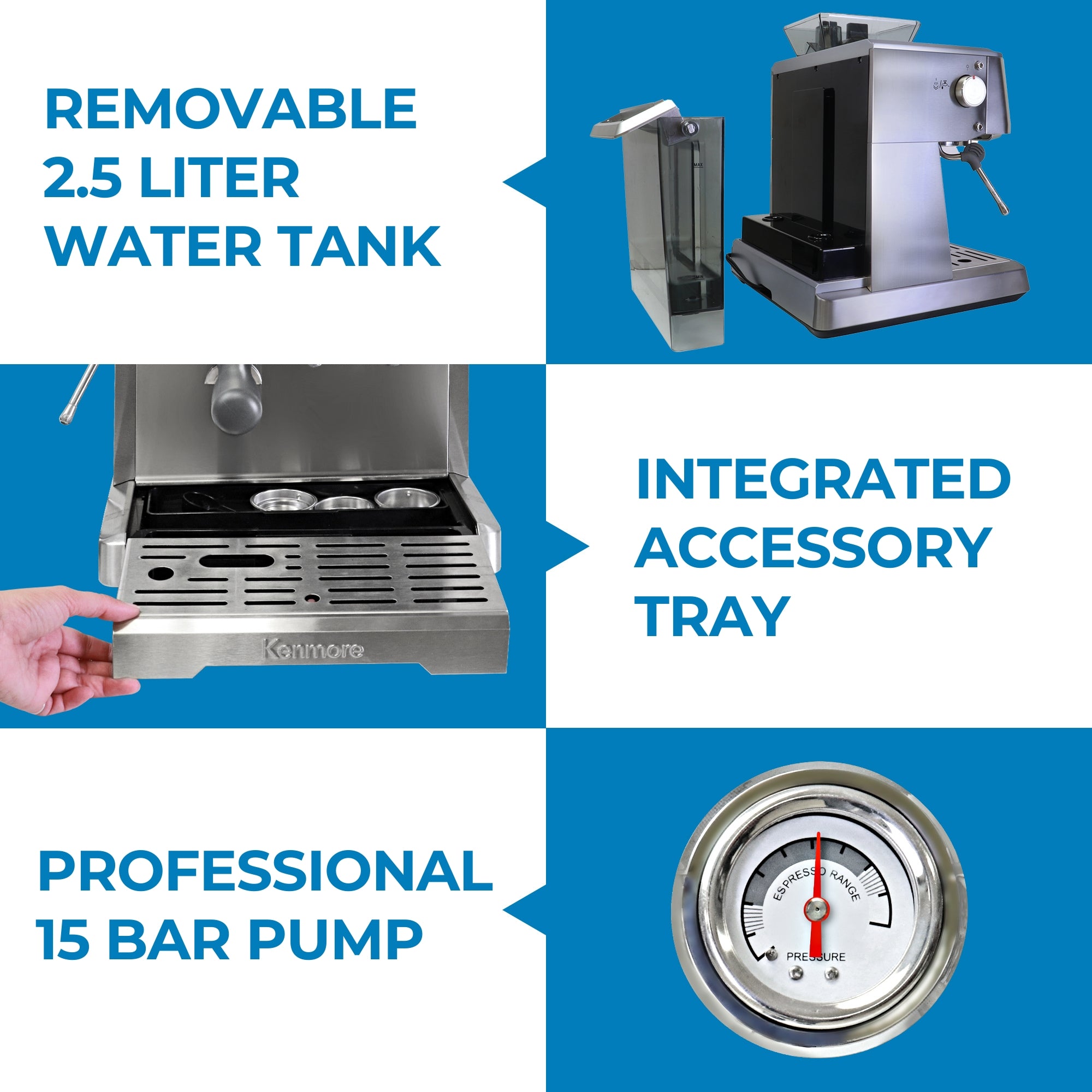 Three labeled images show closeup views of different parts and features of the Kenmore semi-automatic espresso maker: Top picture shows the removable 2.5L water tank; middle shows the integrated accessory tray; and bottom shows the gauge for the professional 15 bar pump.