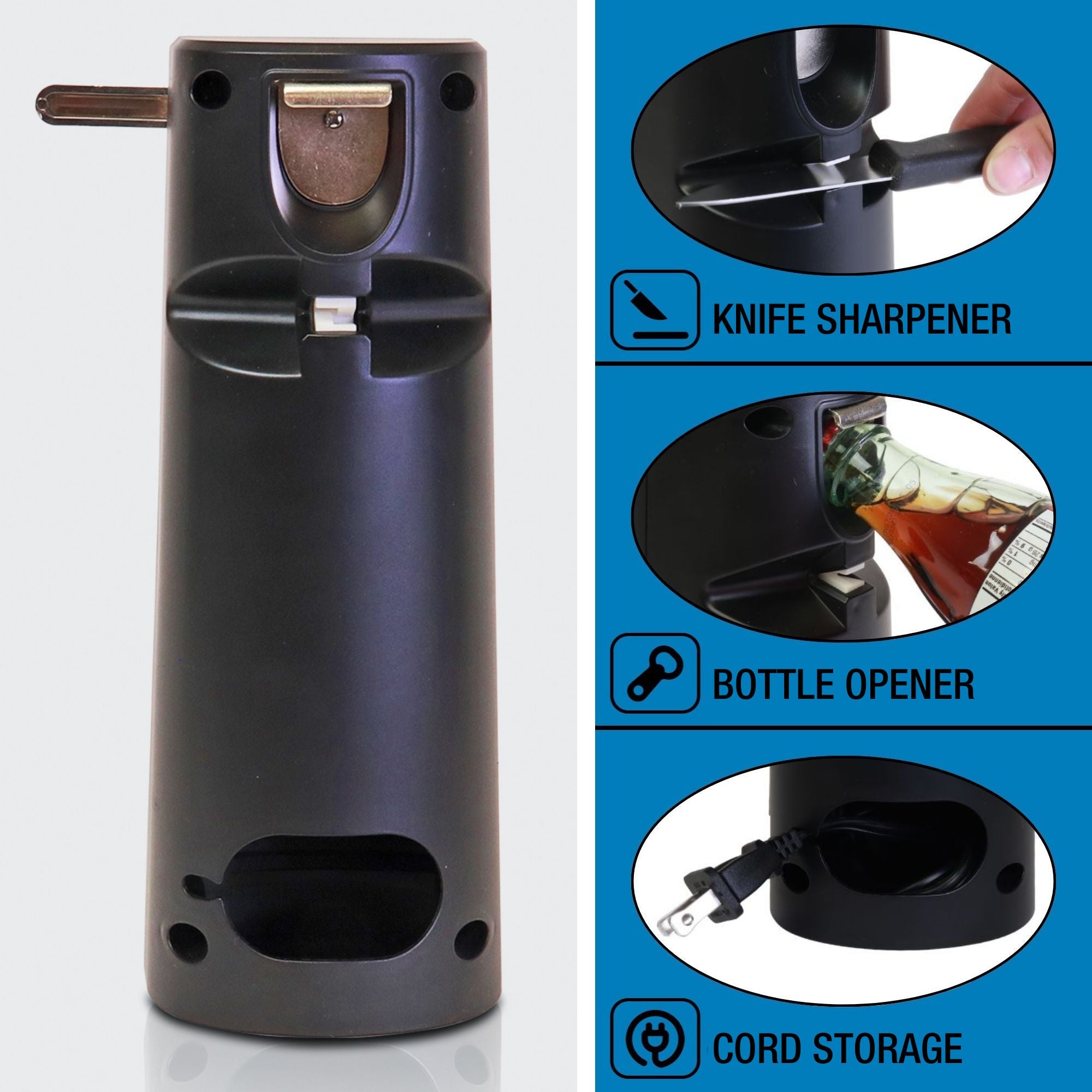 Back view of the Kenmore 3-in-1 can opener on a white background with inset closeup images of features to the right, labeled: Knife Sharpener; Bottle Opener; Cord Storage