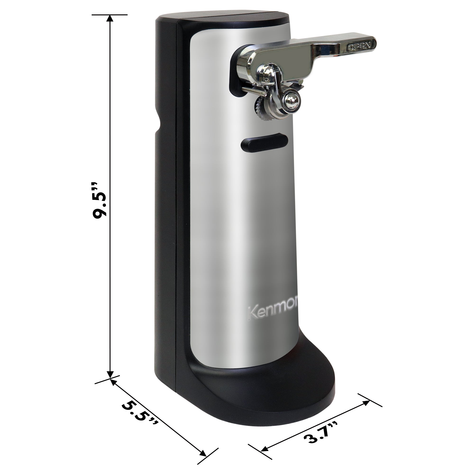 Kenmore stainless steel automatic can opener on a white background with dimensions labeled