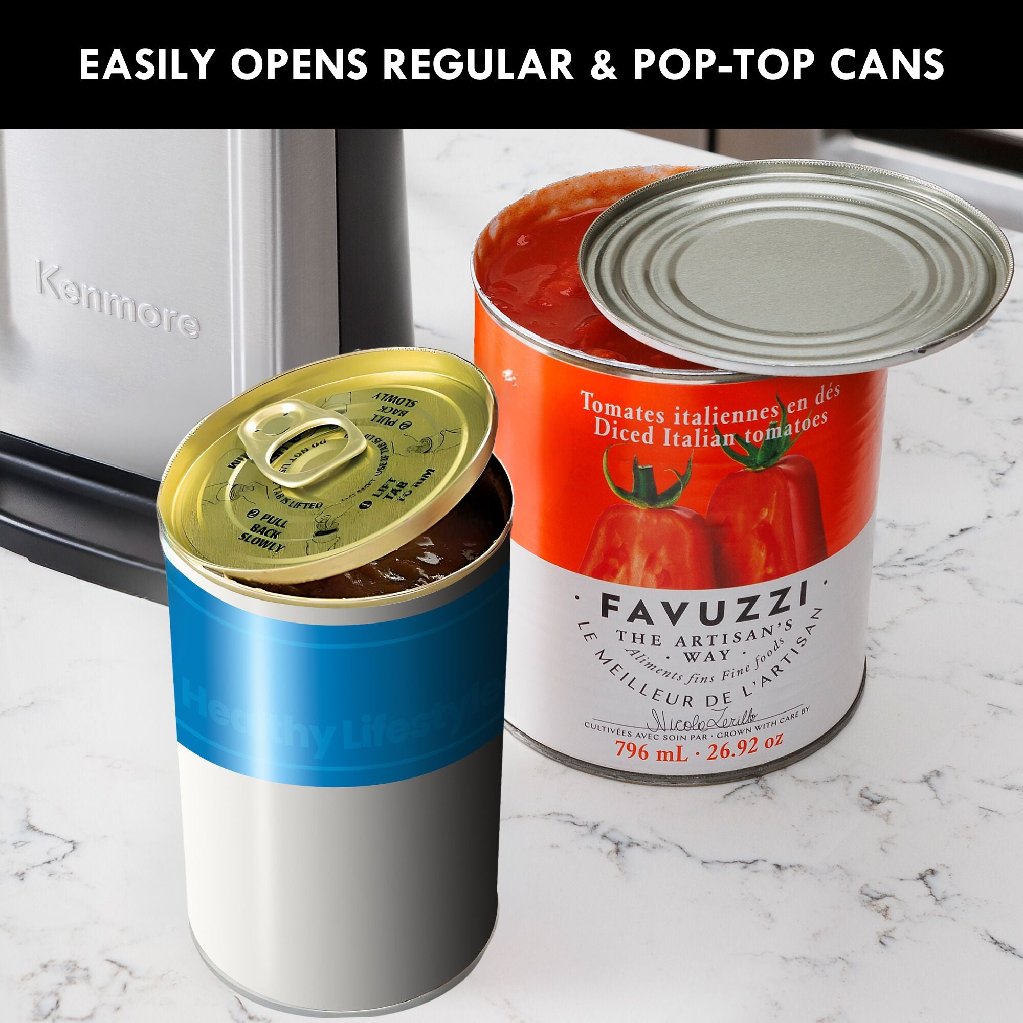 One standard and one pop-top can with lids detached on a white marble counter with the Kenmore smooth-edge can opener in the background. Text above reads, "Easily opens regular and pop-top cans"