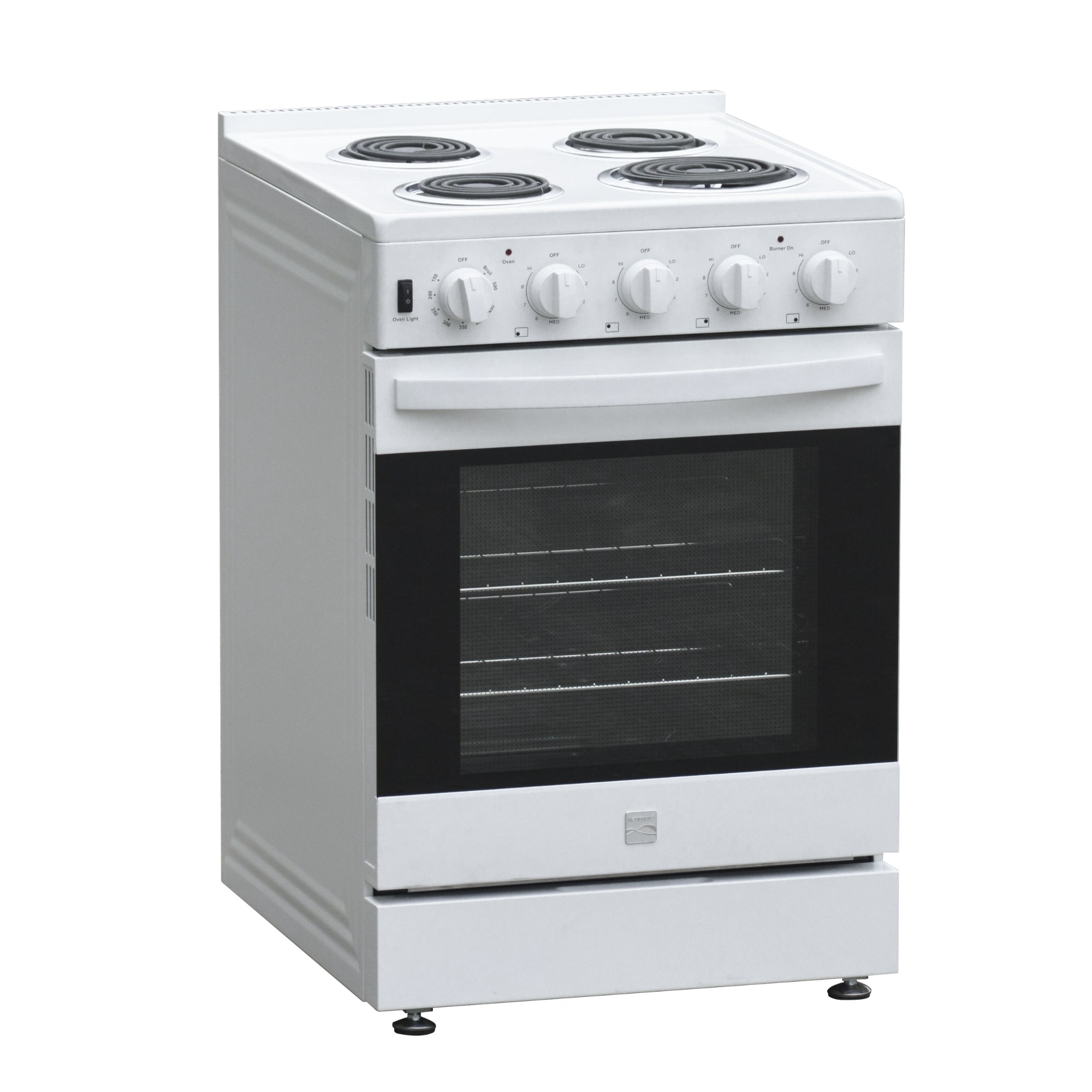 Two views of the Kenmore electric coil top range, one closed and one open, on a gray background
