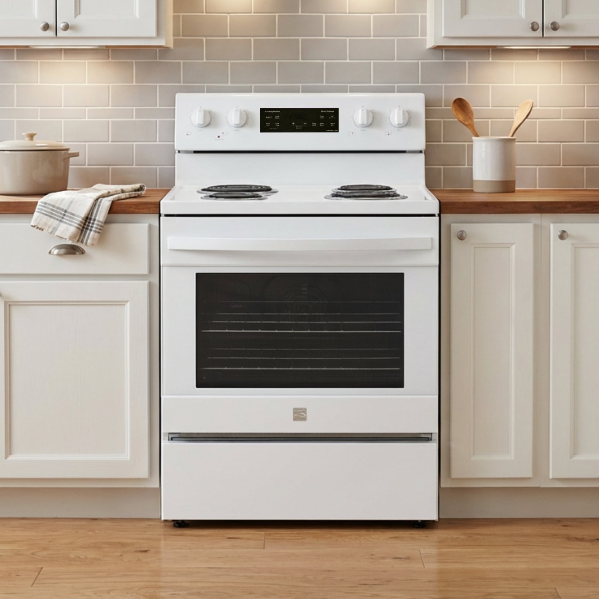 Kenmore coil top electric range installed in a bright kitchen between wood cabinets