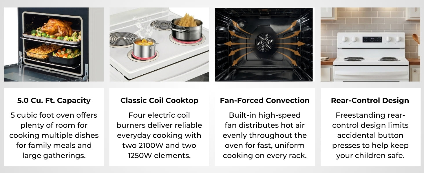 Four images with text below describe features of the Kenmore stainless steel electric range: 5.0 Cu. Ft. Capacity; Classic Coil Cooktop; Fan-Forced Convection; Rear-Control Design