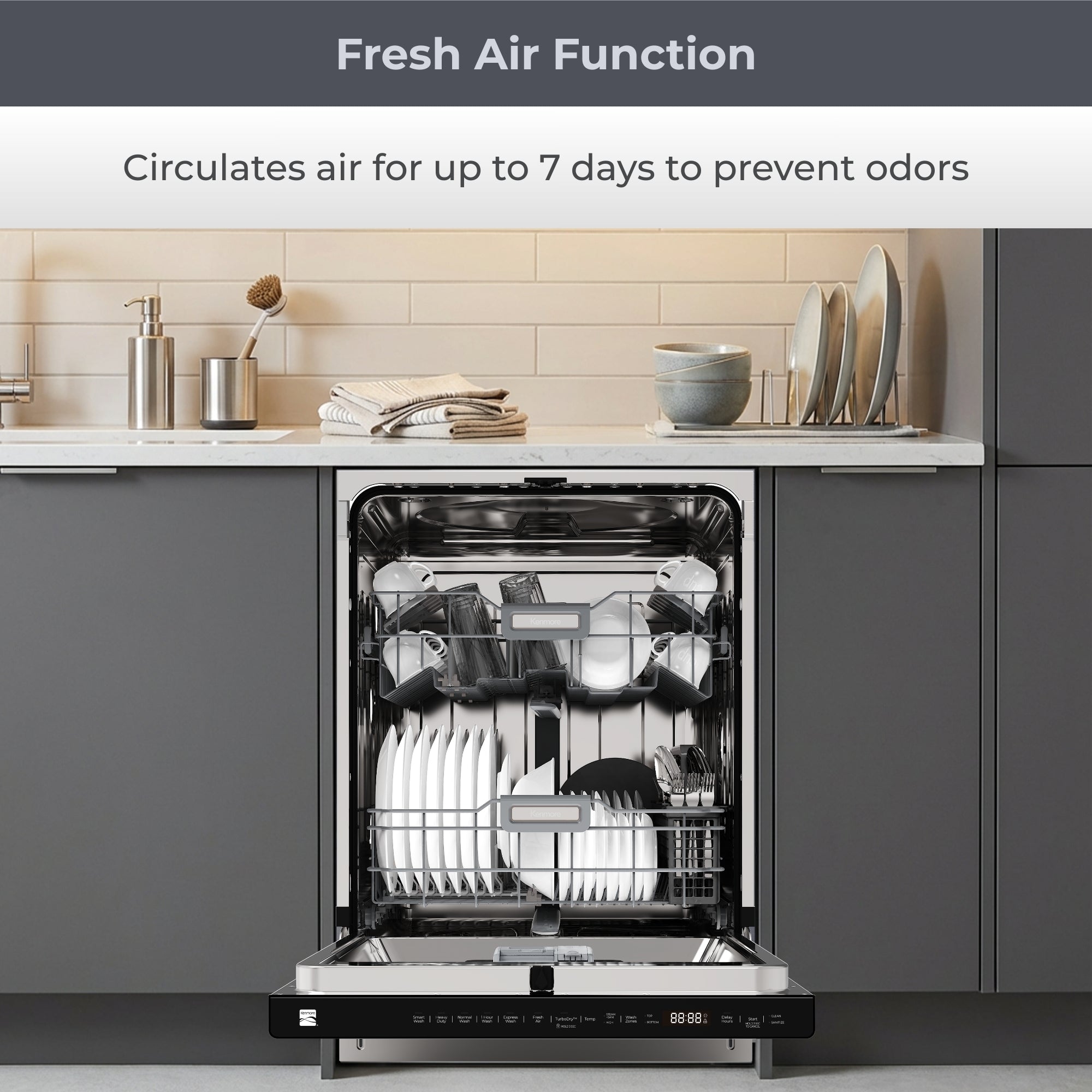 Kenmore ultra-quiet 24-inch top control dishwasher installed in a bright kitchen with grey cabinets. Text above reads, "Fresh Air Function: Circulates air for up to 7 days to prevent odors."