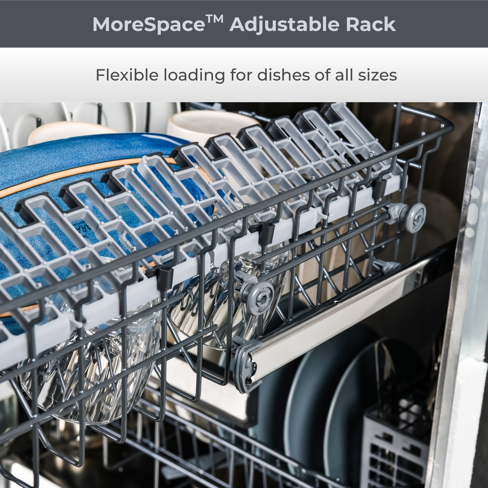 Closeup of the MoreSpace™ adjustable 2nd rack filled with dishes. Text above reads, "MoreSpace™ Adjustable Rack: Flexible loading for dishes of all sizes."