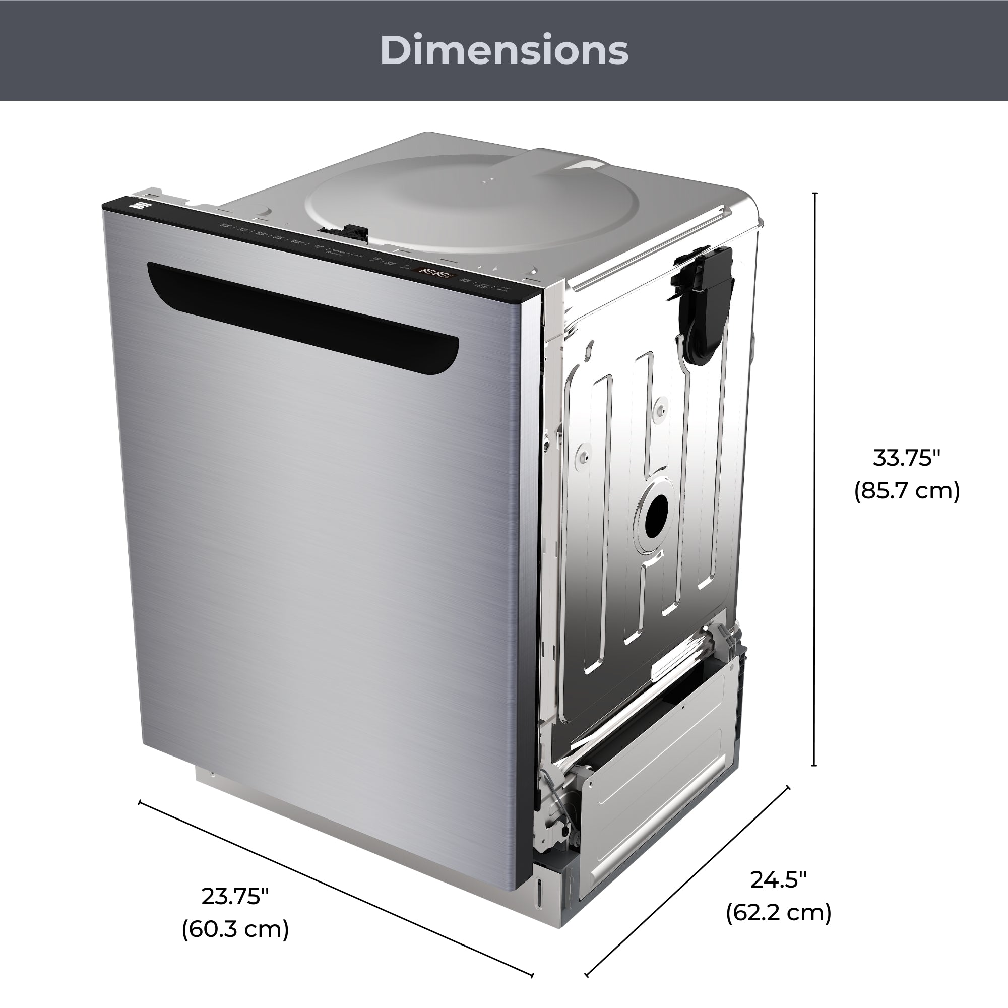 Kenmore ultra-quiet 24-inch top control dishwasher on a white background with dimensions labeled