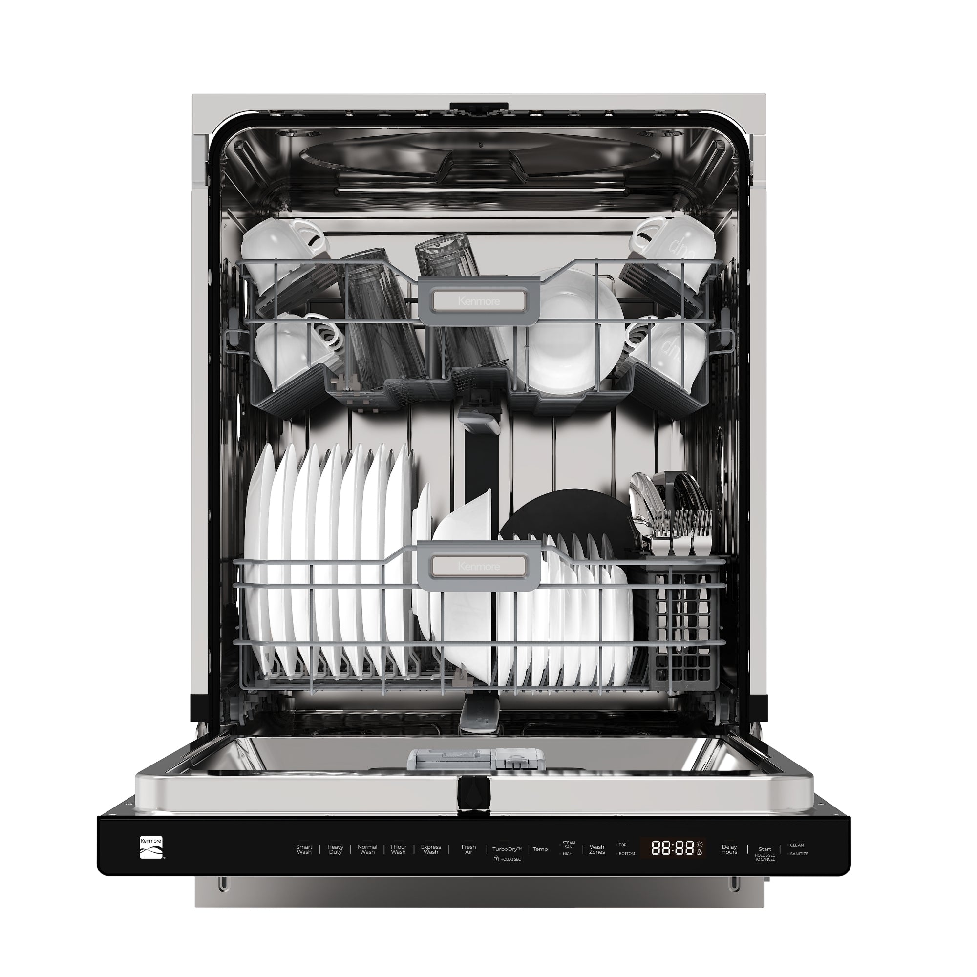 Kenmore ultra-quiet 24-inch top control dishwasher, open and filled with clean dishes, on a white background